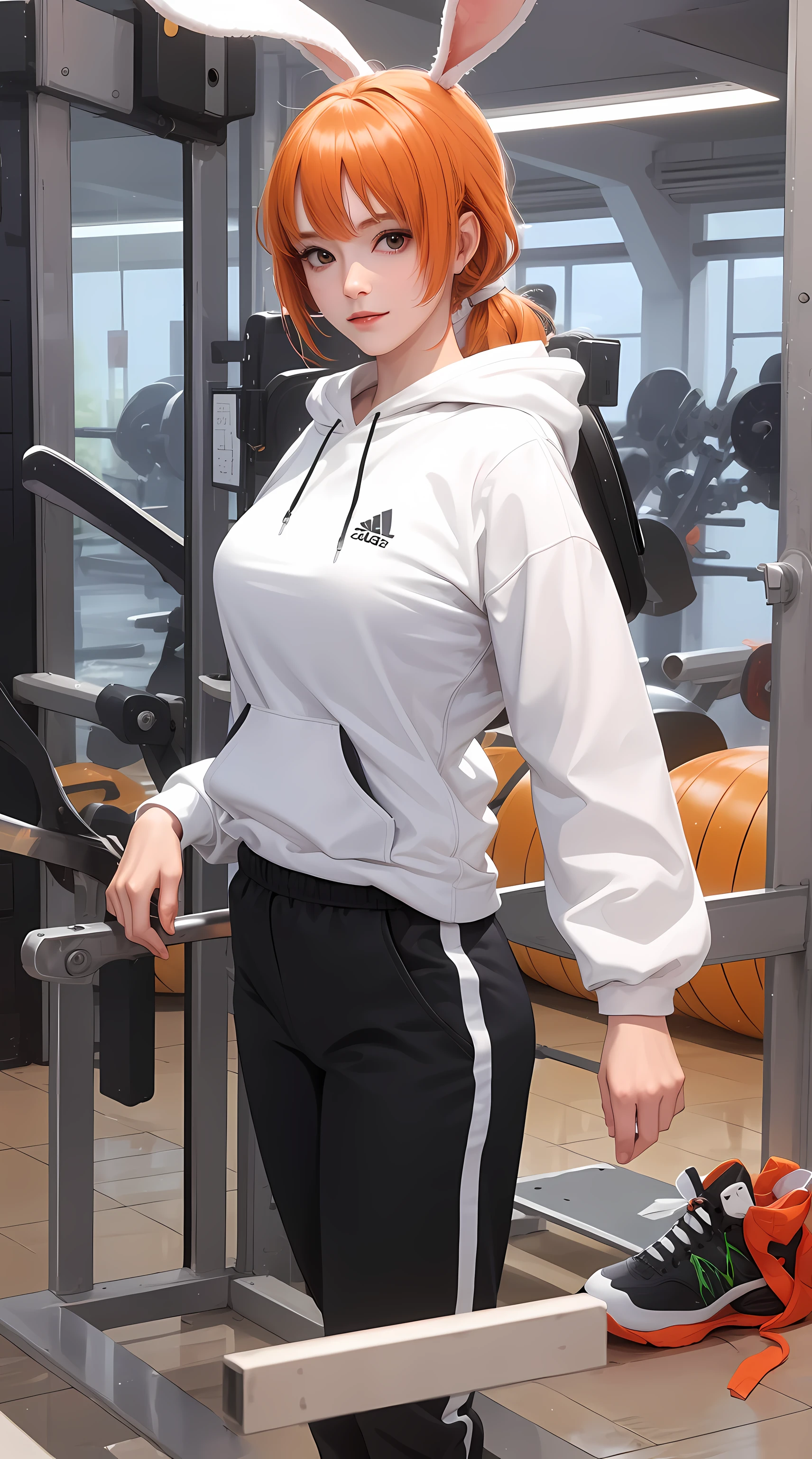 carrot from the anime one piece, short hair, orange hair, ponytail, has bunny ears, ponytail, beautiful woman, beautiful, perfect body, perfect breasts, wearing a white Adidas hoodie, black jogger pants, wearing white Nike Jordan shoes, at the gym , barbell, looking at the viewer, small smile, realism, masterpiece, textured skin, super detailed, high detail, high quality, best quality, 1080p, 16k