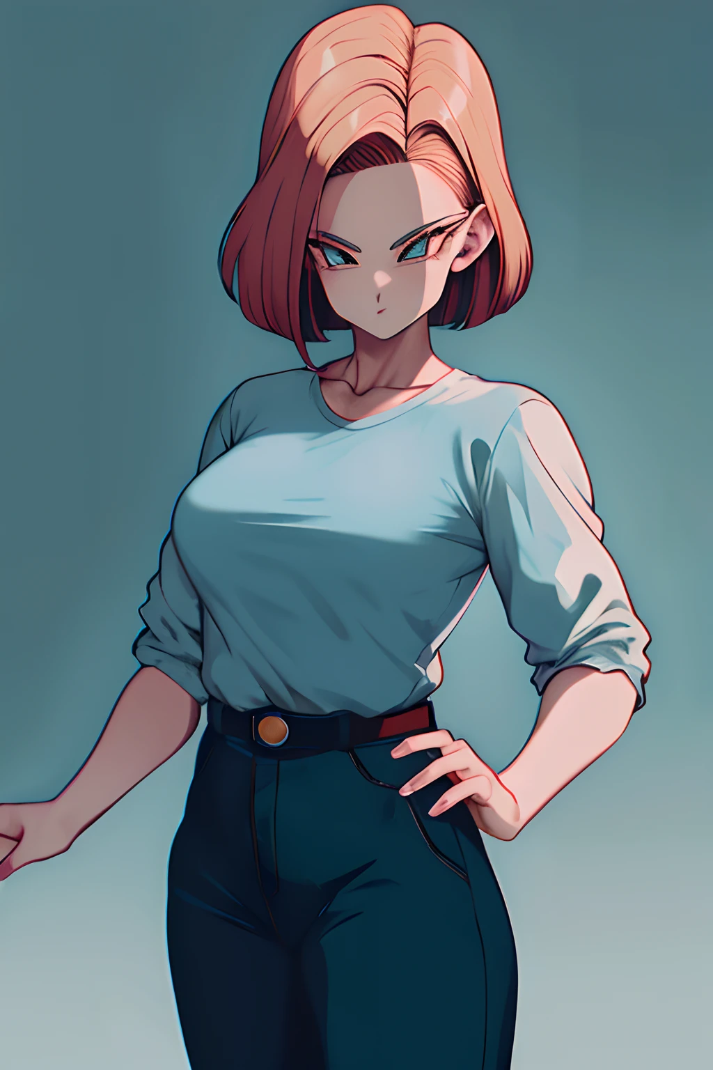 Androide 18 obra-prima, melhor qualidade, highres, dragon ball, blmmid, cabelo amarelo, mid hair, franja romba, faixa de cabelo vermelha, middlebreasts, camisa, saia, tiro de cowboy, dentro de casa, standingn,