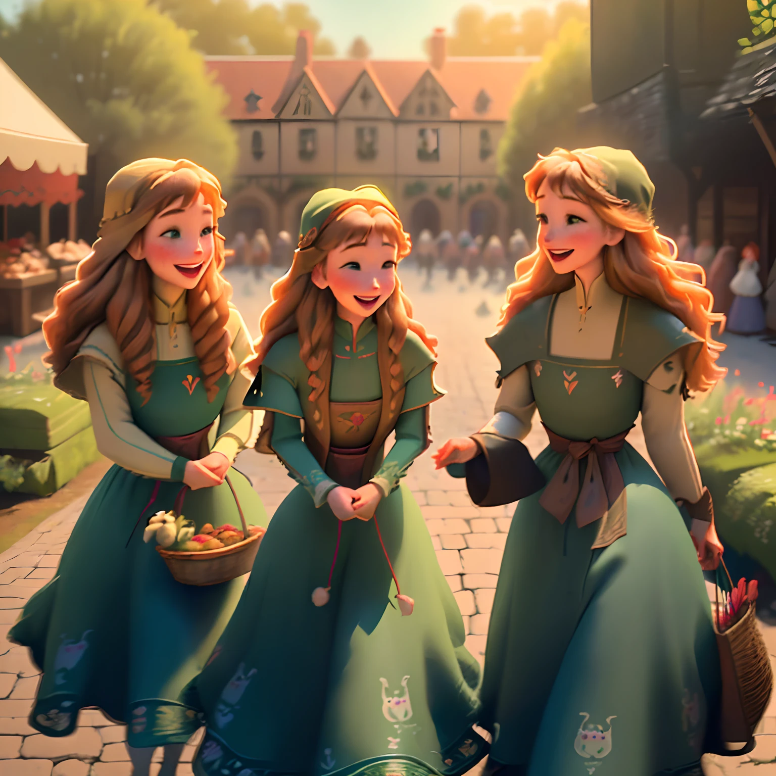 (high resolution: 1.2),Happy moment, medieval mother and 2 daughters, go shopping at village market, cheer, bunnies and duck, beautiful detailed eyes, lush green garden, long flowing hair, traditional medieval clothes, maedieval market in background
