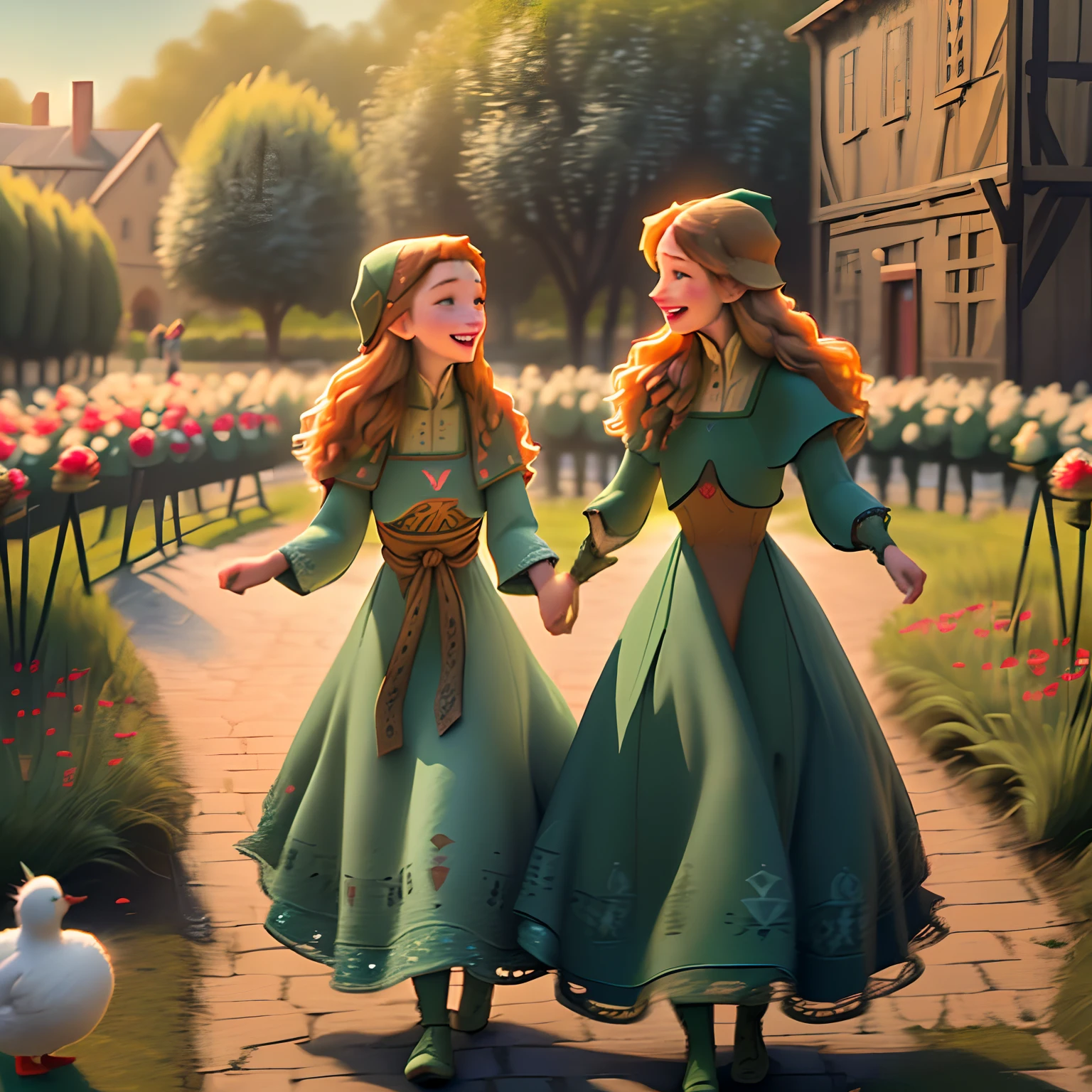 (high resolution: 1.2),Happy moment, medieval mother and 2 daughters, go shopping at village market, cheer, bunnies and duck, beautiful detailed eyes, lush green garden, long flowing hair, traditional medieval clothes, maedieval market in background