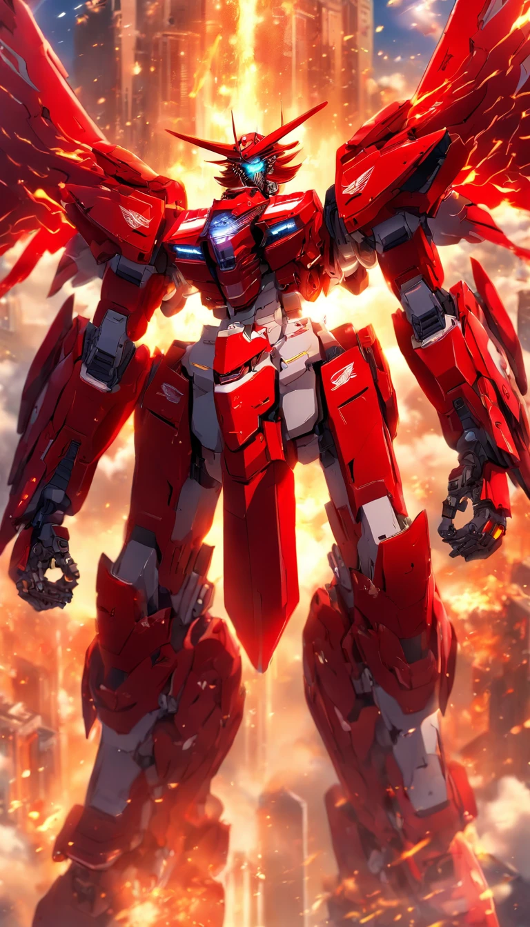 Absurd resolution, high resolution, (Masterpiece: 1.4), hyper-detailing, A mech, Red armor with red wings, Float and fly in the sky (1.8) The background is wild, Fire