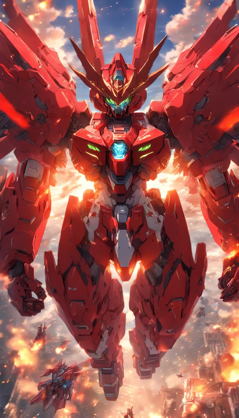 Absurd resolution, high resolution, (Masterpiece: 1.4), hyper-detailing, A mech, Red armor with red wings, Float and fly in the sky (1.8) The background is wild, Fire