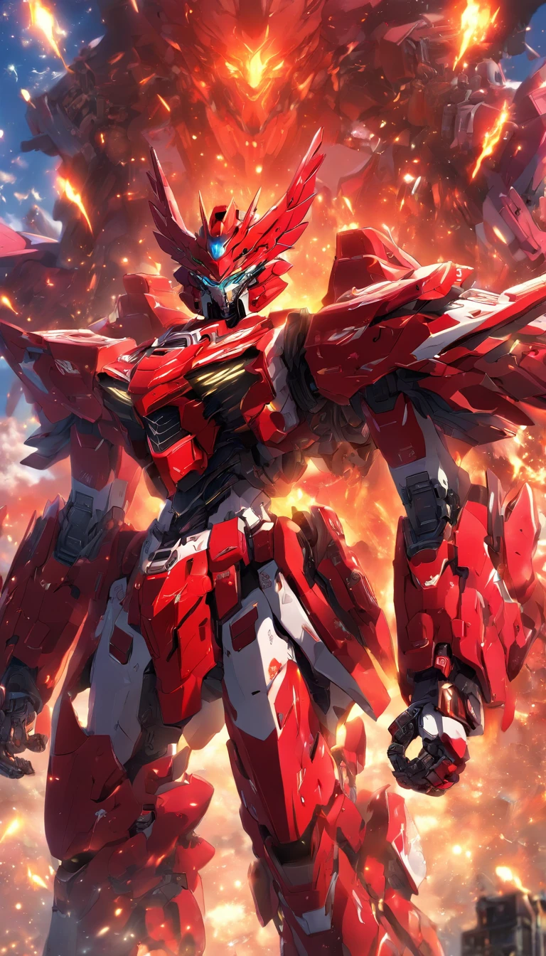 Absurd resolution, high resolution, (Masterpiece: 1.4), hyper-detailing, A mech, Red armor with red wings, Float and fly in the sky (1.8) The background is wild, Fire