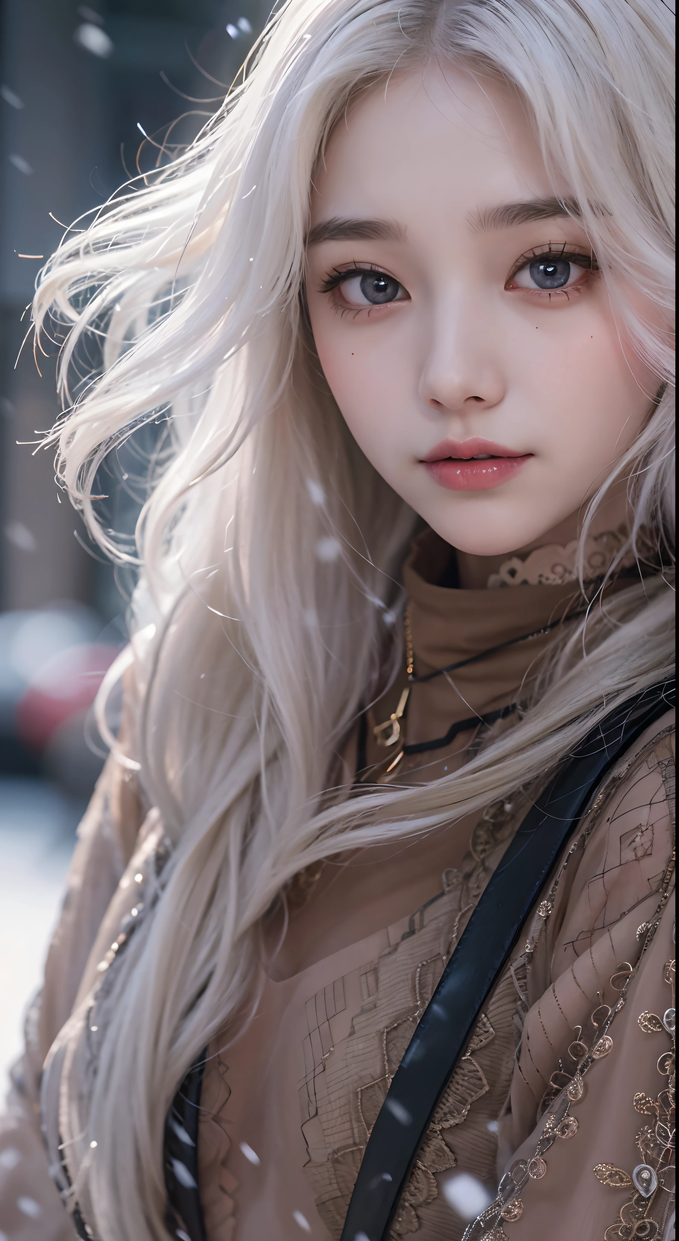Best Quality Detail:1.2, realisitic, 8K UHD, hight resolution, 1girl in:1.2, The ultra-detailliert, High quality textures, intricate detailes, detaileds, Very detailed CG, High quality shadows, Detail Beautiful delicate face, Detail Beautiful delicate eyes, depth of fields, Ray traching, in her 20s, ((White hair))、(Cute smile)、Pretty Kpop Girl, Korean Urzan Face:1.1, Slender face, ulzzang -6500-v1.1:0.6, pureerosface_v1, gloweyes, teak, Glossy lips, perfectbody, a choker、 Brown hair、poneyTail:1.1, Street, Particle, look at viewr, Photorealsitic:1.4, ultra-detailliert, photos realistic, 4K 8K UHD Full Color RAW Photos, Fuji Film(Medium format:1.2), Hasselblad:1.2, Carl zeiss:1.1, Incredible dynamic range photography(UTIL_Art by Smoose-768:1.1), hight resolution, High pixel count, clear details, crisp image, Natural color reproduction, Noise Reduction, High fidelity, qulity, Software Improvements, Upscaling, Optimized algorithms, Pro-level retouching、(a choker)、Natural color reproduction、(Brown eyes)、(White hair), (short-cut)、(Pattsun bangs)、(bangss)、 Shiny hair、Description beautiful delicate hair、(Lustrous skin)、(long-sleeve)、corsets、long  skirt、(snowscape)、(Falling snow)、