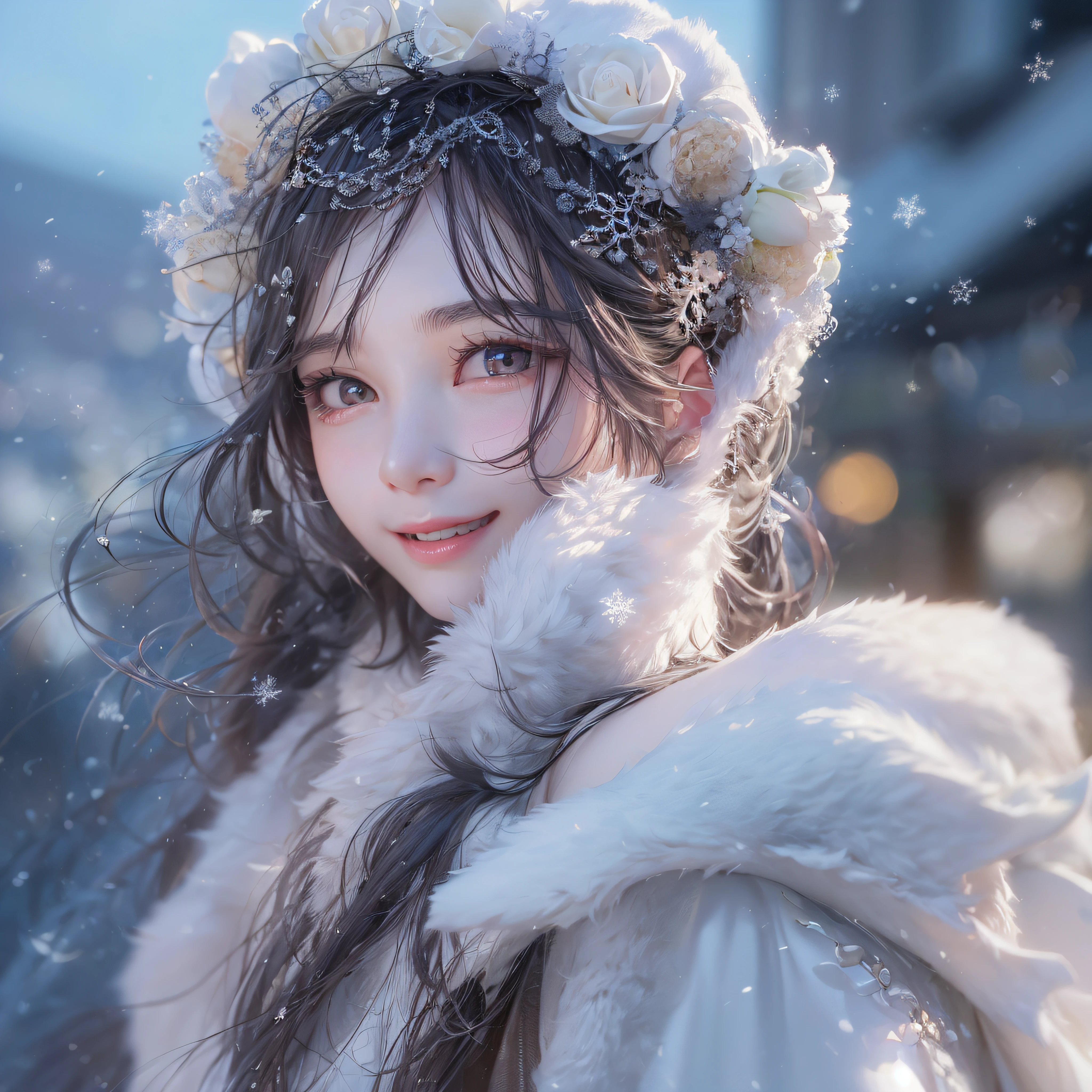 snow mountains、snow mountains、snow mountains、Close up of a smile with the corners of the mouth raised、Snow Fairy、Snow Girl、Snow Costume、Cosplay、(realisitic、hight resolution)、(1 girl in)、Snow Girl、Do-Up Eye、Korean Girl、(Best Quality), (masutepiece), (1girl in), Solo, a beauty girl, Perfect face, dreamlikeart、Highly detailed airbrush art((Surreal))、Volumetric lighting、(top-quality)、The ultra-detailliert、(The composition of the movement:1.4)、Highly detailed colorful details、(Bright lighting)、dynamic compositions、Ray traching、The mirror reflects light、Shallow depth of field、ultra-detailliert、mixing  exposure、nffsw、Her eyes are shining、Her face is full of anticipation and courage、A smile appears on the lips of a girl。 At the rear、snow mountains、snow mountains、snow mountains、