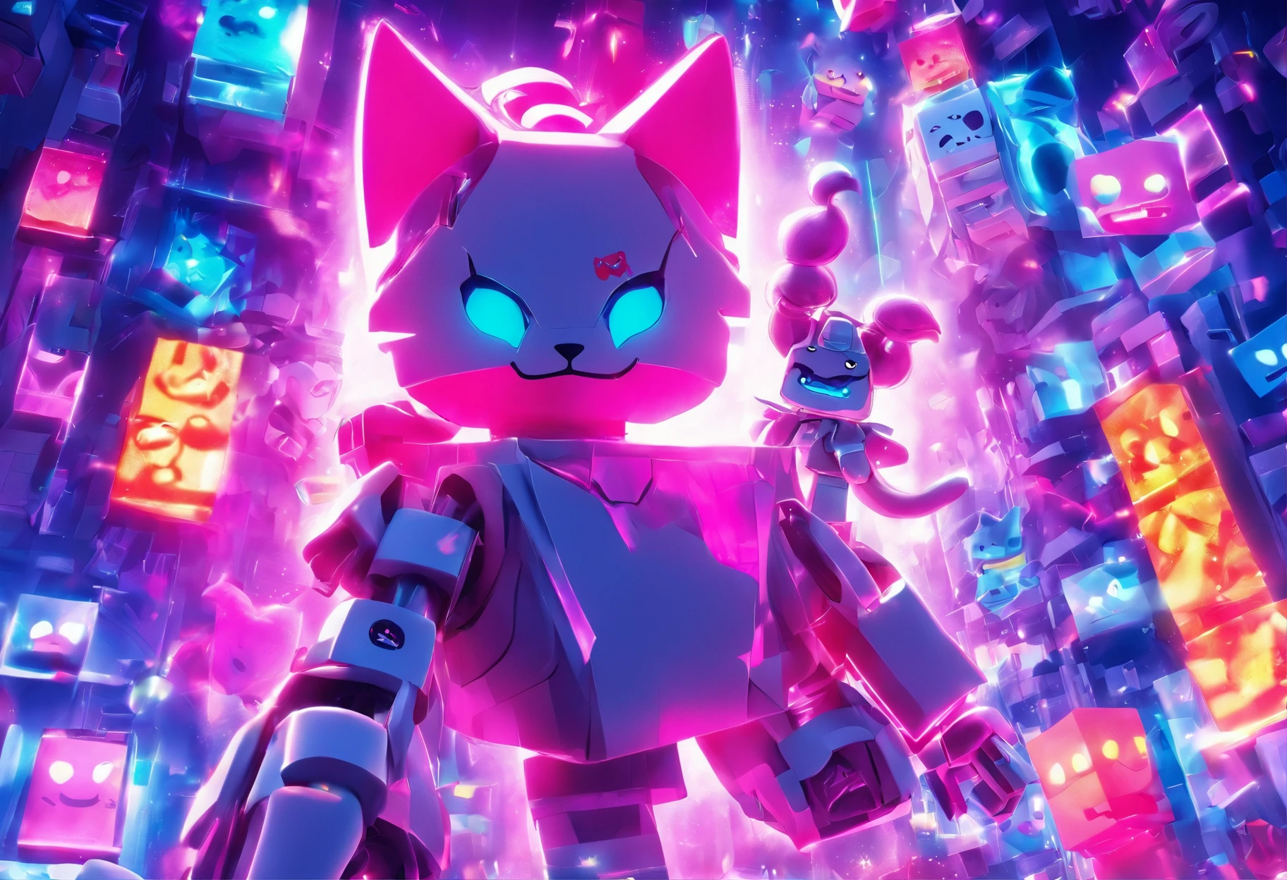 there is a lego cat that is holding a box, roblox avatar, lunar themed attire, super glitched, chrome outfit, profile picture 1024px, roblox screenshot, roblox, white scary skin, smooth white tight clothes suit, fully robotic!! catgirl, subtle glitches, clear outfit design, an aesthetic!, robot monster in background