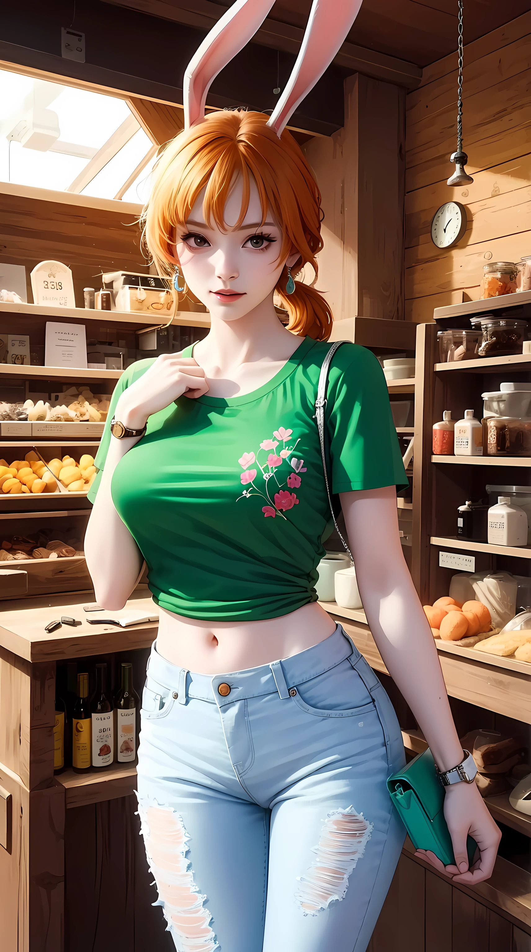 carrot from the anime one piece, short hair, orange hair, ponytail, has bunny ears, ponytail, beautiful, beautiful woman, perfect body, perfect breasts, wearing an oversized white t-shirt, short jeans, wearing a handbag, watch, wearing earrings , cozy shop there , department store , ponytail , looking at the viewer , slight smile , realism , masterpiece , textured leather , super detail , high detail , high quality , best quality , 1080p , 16k