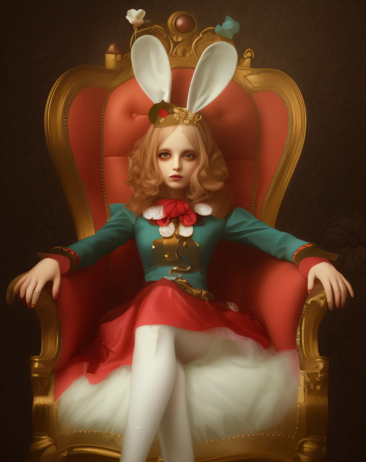 mulher arafed em um vestido vermelho e orelhas de coelho sentado em uma cadeira vermelha, Erwin Olavo, natalie shau, Michael Hussar, em um trono barroco, like alice in wonderland, inspirado em Ray Caesar, sentado em um trono, Parece Christina Ricci, portrait of alice in wonderland, Natalie Shau Tom Bagshaw, O coelho branco, em seu trono