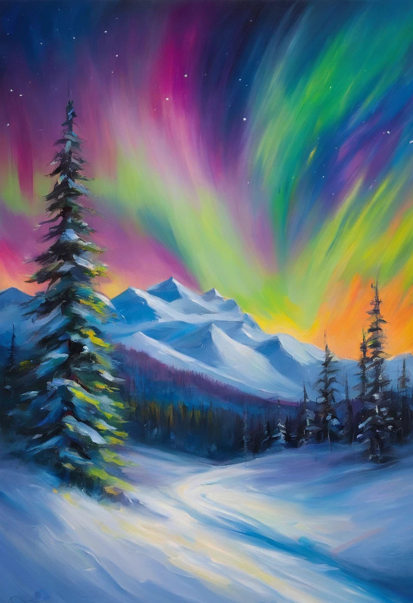 Night on a snowy mountain with coniferous forest covered with snow at the foot of the mountain。Aurora borealis shine in the sky above and the snow looks tinted with the color of the aurora borealis.