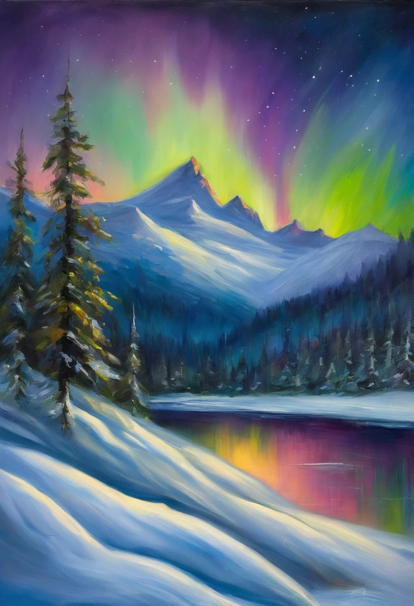 Night on a snowy mountain with coniferous forest covered with snow at the foot of the mountain。Aurora borealis shine in the sky above and the snow looks tinted with the color of the aurora borealis.