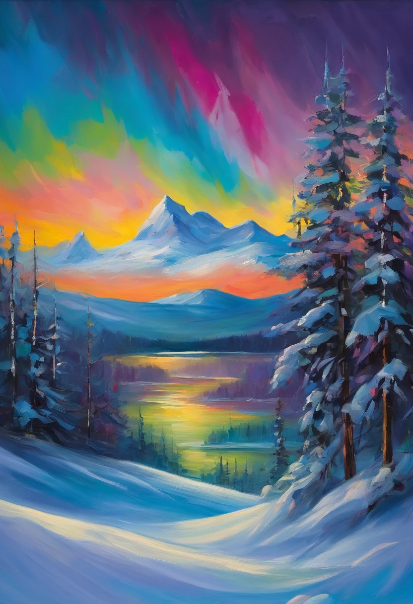 Night on a snowy mountain with coniferous forest covered with snow at the foot of the mountain。Aurora borealis shine in the sky above and the snow looks tinted with the color of the aurora borealis.