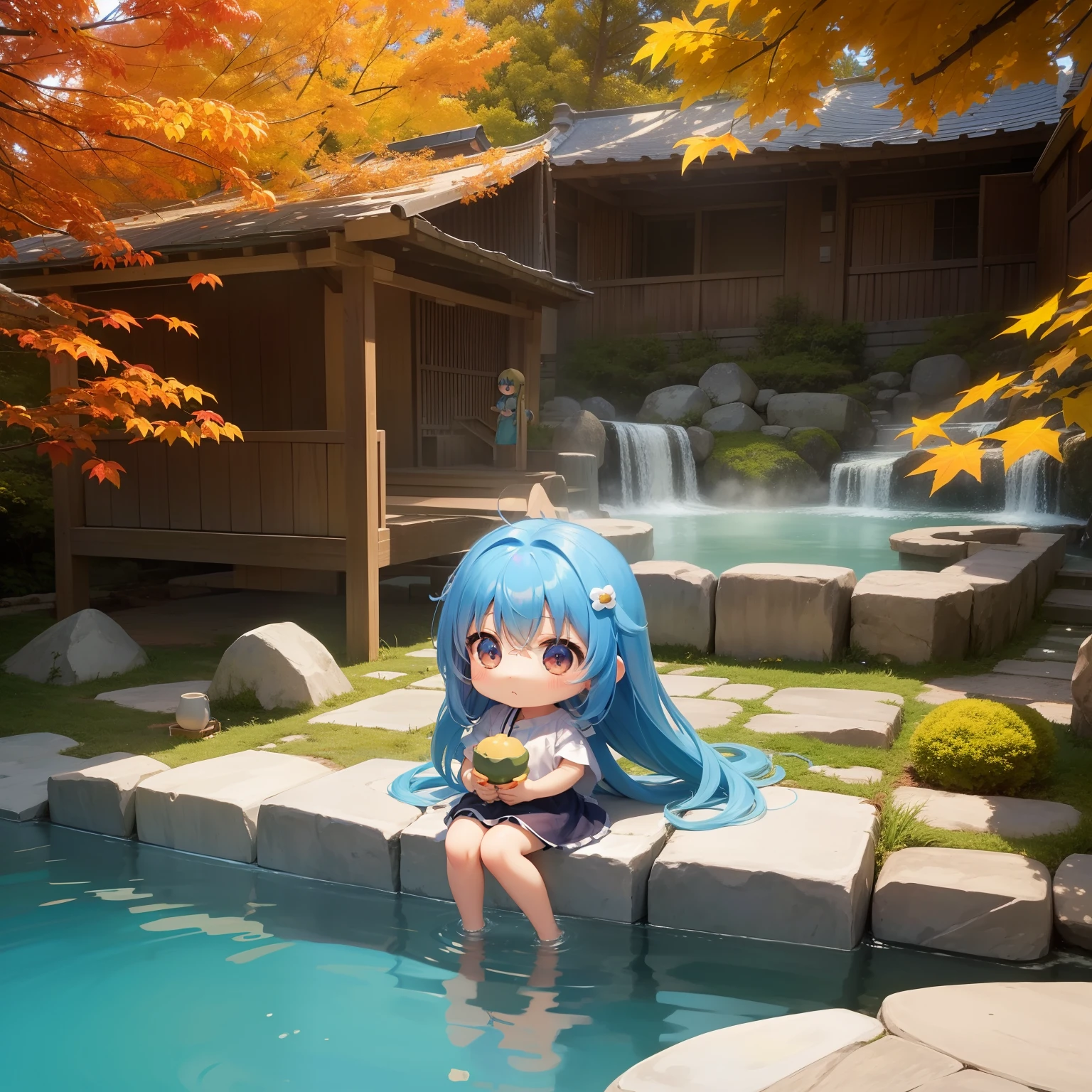 Chibichara　long hair with blue hair((Chibi Chara))、Fluffy、girl with、Chibi Chara、full body Esbian、Pastel colors hair、masutepiece、top-quality、Background of autumn leaves、Bathing in a hot spring。