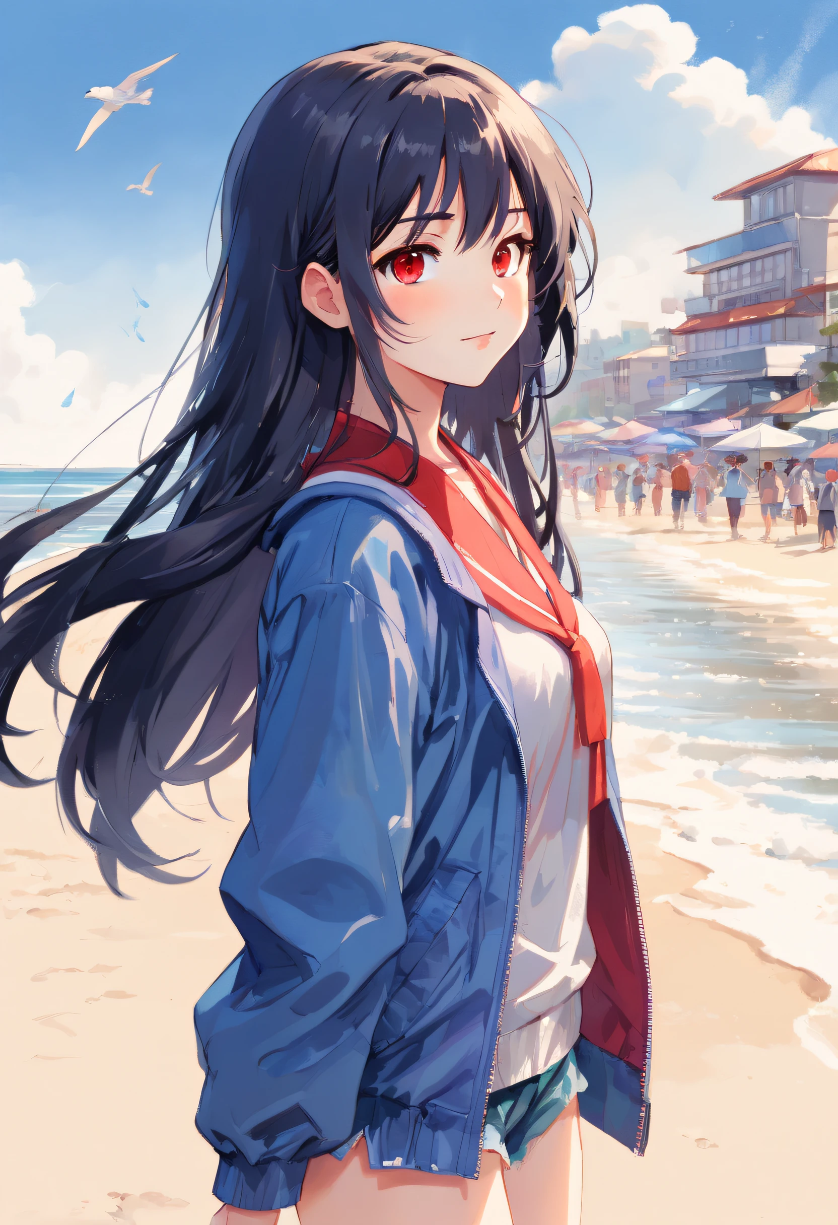 soro woman,(best texture:1.3),UHD,( 1woman , Breezy Beach:1.5),Japanese woman, absurdres,((masterpiece)), ((best quality)), (ultra-detailed), ((extremely detailed)),high definition,an extremely delicate and beautiful,((best quality)),,colorful,(very long (red) oversized bomber jackett:1.3), (beautiful detailed school uniform), military boots,,((extremely detailed)), 4K, (8K),best quality,, illustration,(ink splash:1.6),(pencil drawing:1.3), (watercolor pencil2:1.6 ),, (beautiful),((perfect face,perfect body,perfect anatomy)),((so cool)), cute, brake, 20years old,full body, smile,( extra long hair:1.3), (bluish black hair:1.3), straight hair, hime cut, (tilted eyes:1.3), (black eyes:1.4), (tall stature), athlete, slender body, small brest, ((cool face)), ((slender face)), expression fair skin, She has a beautiful face and shining eyes,