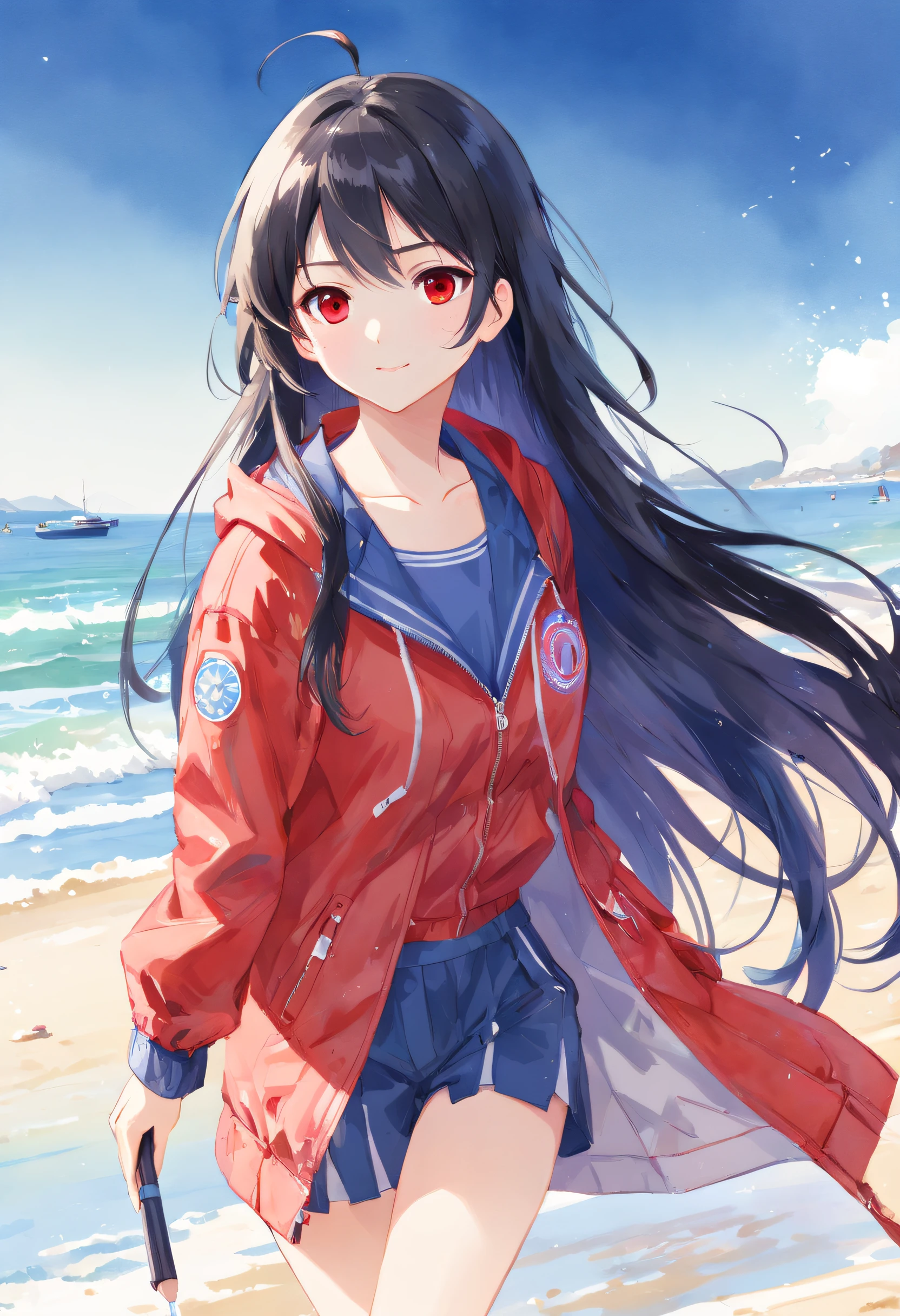 soro woman,(best texture:1.3),UHD,( 1woman , Breezy Beach:1.5),Japanese woman, absurdres,((masterpiece)), ((best quality)), (ultra-detailed), ((extremely detailed)),high definition,an extremely delicate and beautiful,((best quality)),,colorful,(very long (red) oversized bomber jackett:1.3), (beautiful detailed school uniform), military boots,,((extremely detailed)), 4K, (8K),best quality,, illustration,(ink splash:1.6),(pencil drawing:1.3), (watercolor pencil2:1.6 ),, (beautiful),((perfect face,perfect body,perfect anatomy)),((so cool)), cute, brake, 20years old,full body, smile,( extra long hair:1.3), (bluish black hair:1.3), straight hair, hime cut, (tilted eyes:1.3), (black eyes:1.4), (tall stature), athlete, slender body, small brest, ((cool face)), ((slender face)), expression fair skin, She has a beautiful face and shining eyes,