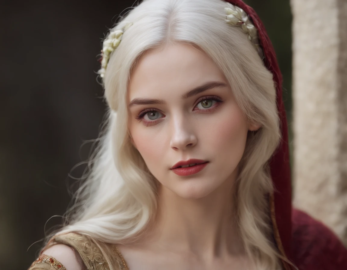 (((a deep reddish wound crosses her left cheek))) fair complexion, woman around 19 years old, natural white hair, distinctive green eyes, wearing kohl, slender and graceful, beautiful, candlelight in a medieval setting, ultra sharp focus, realistic shot, medieval female clothes, tetradic colors (scar:1.4)