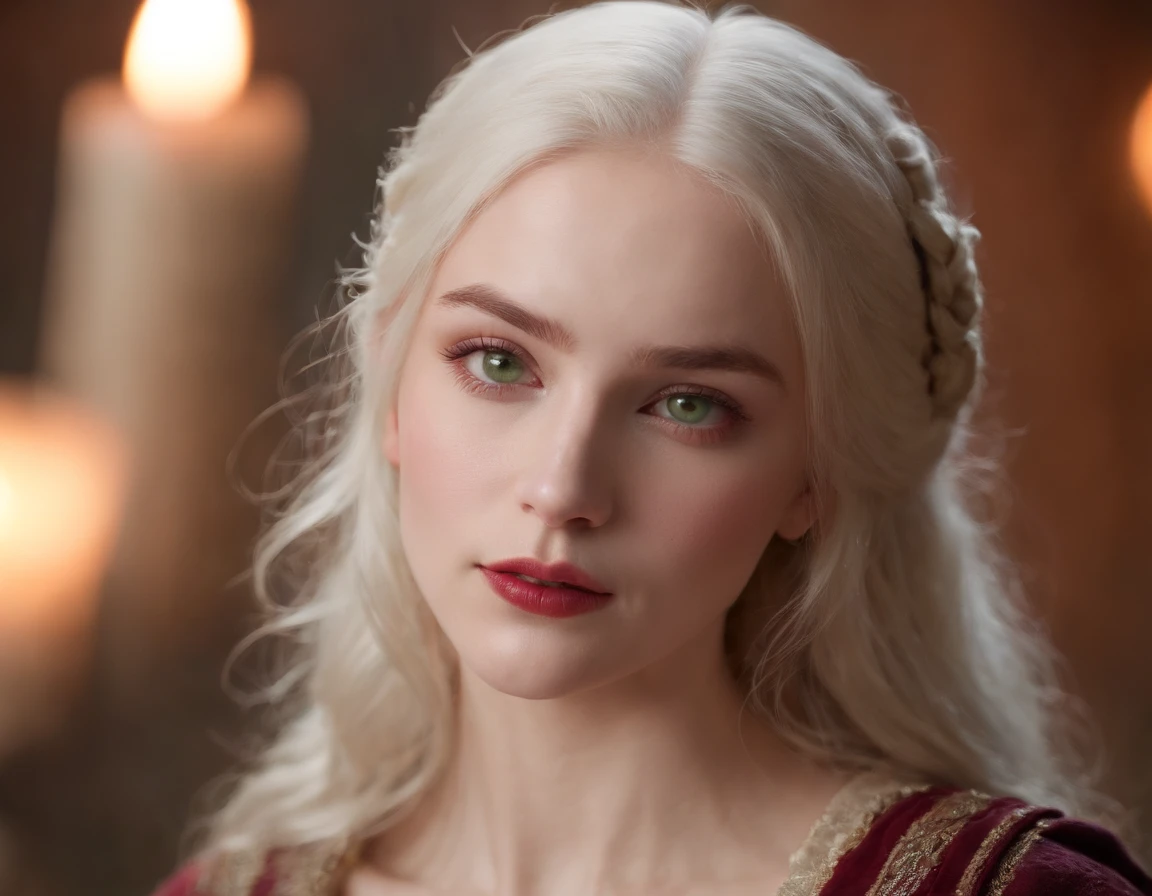 (((a deep reddish wound crosses her left cheek))) fair complexion, woman around 19 years old, natural white hair, distinctive green eyes, wearing kohl, slender and graceful, beautiful, candlelight in a medieval setting, ultra sharp focus, realistic shot, medieval female clothes, tetradic colors (scar:1.4)