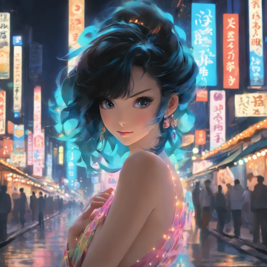 Masterpiece, Best quality, Miranda, (Semi-body shot,the street lights,Moon),Masterpiece, 1girll, Solo exhibition, Beautiful women on bustling streets, Surrounded by hawkers, Beautiful goddess girl portrait, Beautiful and detailed face, Porcelain skin, (((Bust Up Shot, Center, Night, Black hair, Short hair)), ultra soft lighting, symetry, Complexity, Elegance, High detail, Realism, art, concept-art,
