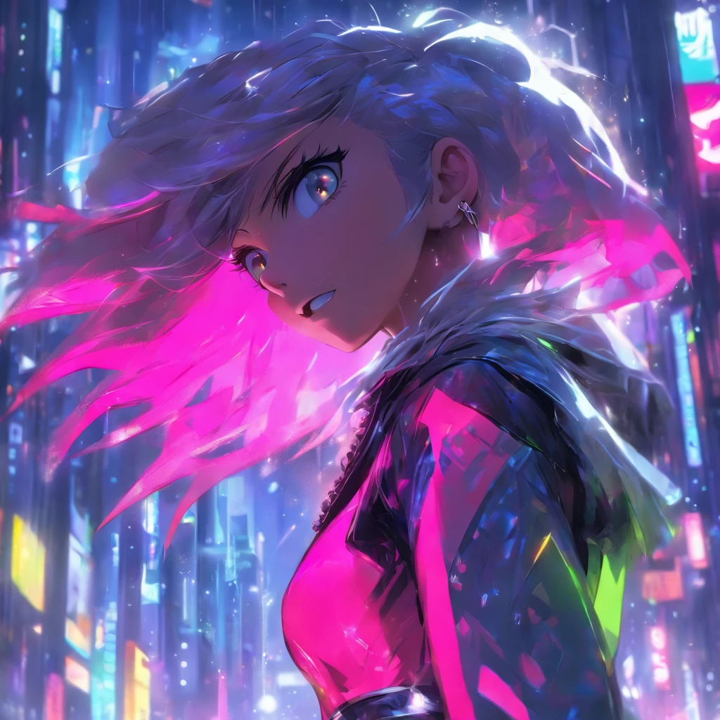 Portrait, 1 girl, Beautiful face, Asymmetrical hair, Multi-colored hair, belt, tightsuit, covered mouth, covered navel, Detached sleeves, With gray eyes, hip vent, Open jacket, Cute, view the viewer, Night City, neonlight, Rainy,