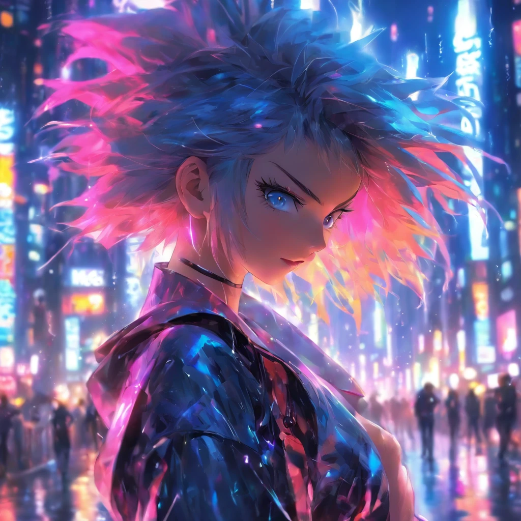 Portrait, 1 girl, Beautiful face, Asymmetrical hair, Multi-colored hair, belt, tightsuit, covered mouth, covered navel, Detached sleeves, With gray eyes, hip vent, Open jacket, Cute, view the viewer, Night City, neonlight, Rainy,