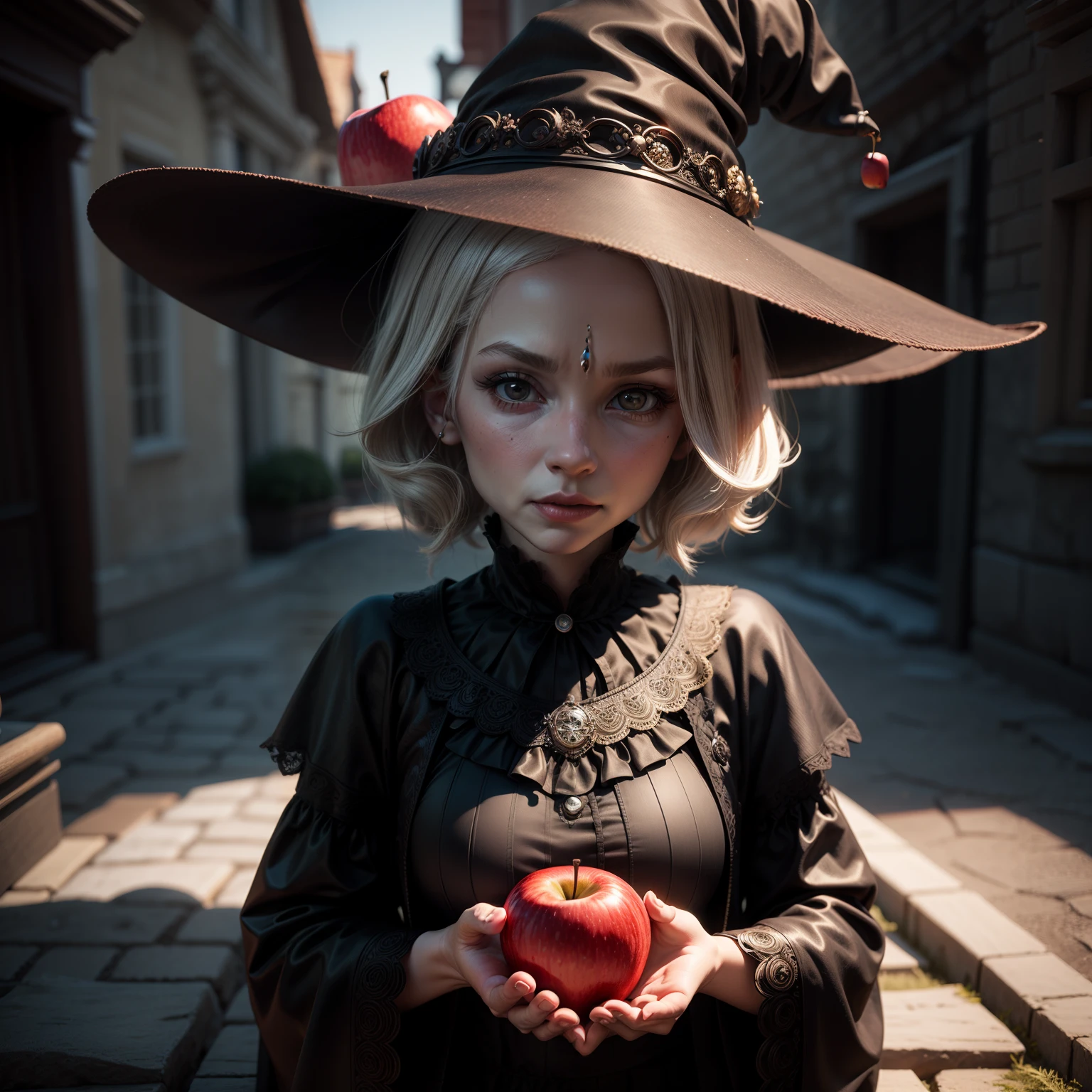 Cute Baby Chibi Anime、(((chibi3d))) (best quality), (masterpiece)、portrait of a very old woman presenting a (((perfect red apple))) with one hand,, witch woman, granny, grim looking, by Tomasz Jedruszek, portrait of a dark witch, by Adam Marczyński, by Aleksander Kobzdej, by Tadeusz Pruszkówski