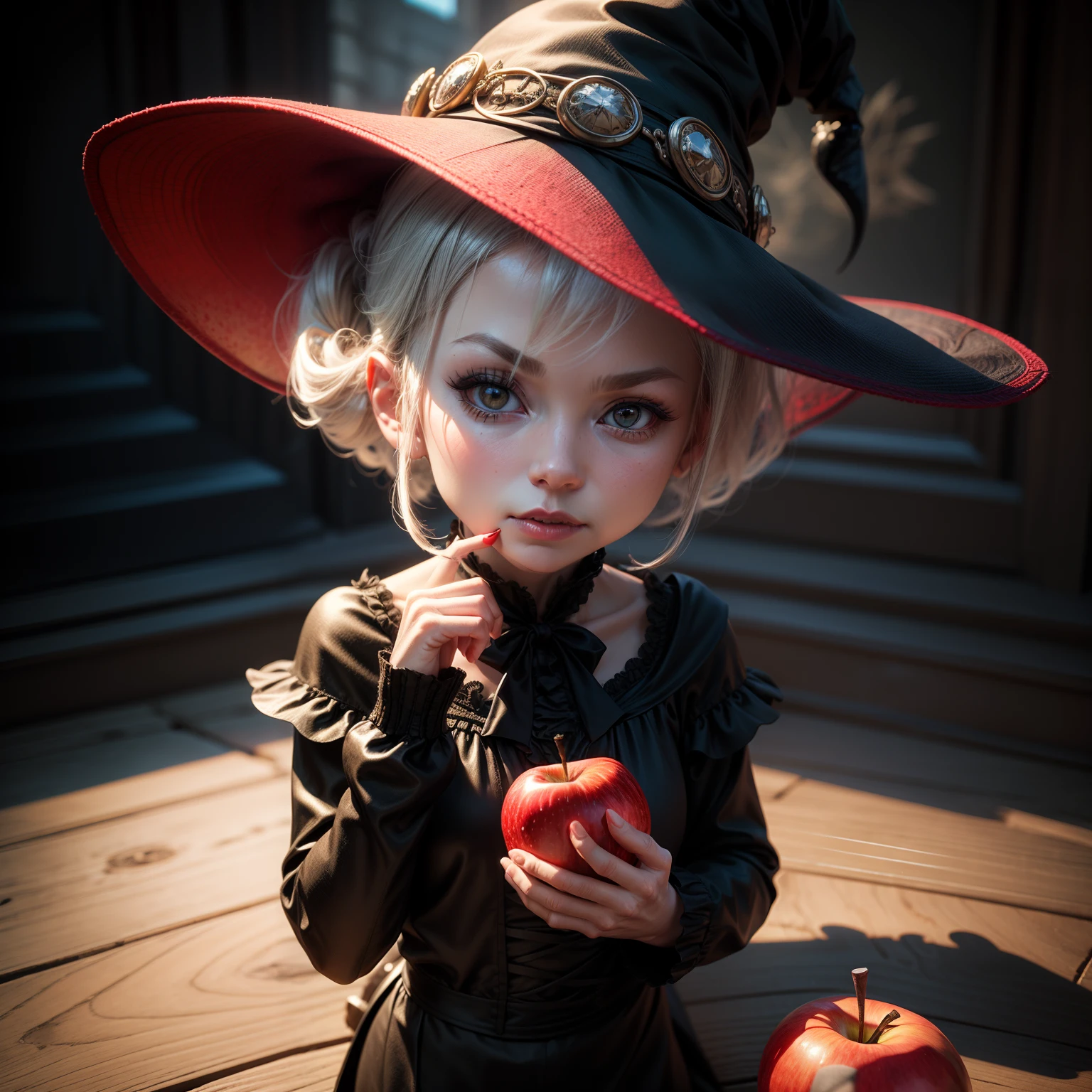 Cute Baby Chibi Anime、(((chibi3d))) (best quality), (masterpiece)、portrait of a very old woman presenting a (((perfect red apple))) with one hand,, witch woman, granny, grim looking, by Tomasz Jedruszek, portrait of a dark witch, by Adam Marczyński, by Aleksander Kobzdej, by Tadeusz Pruszkówski