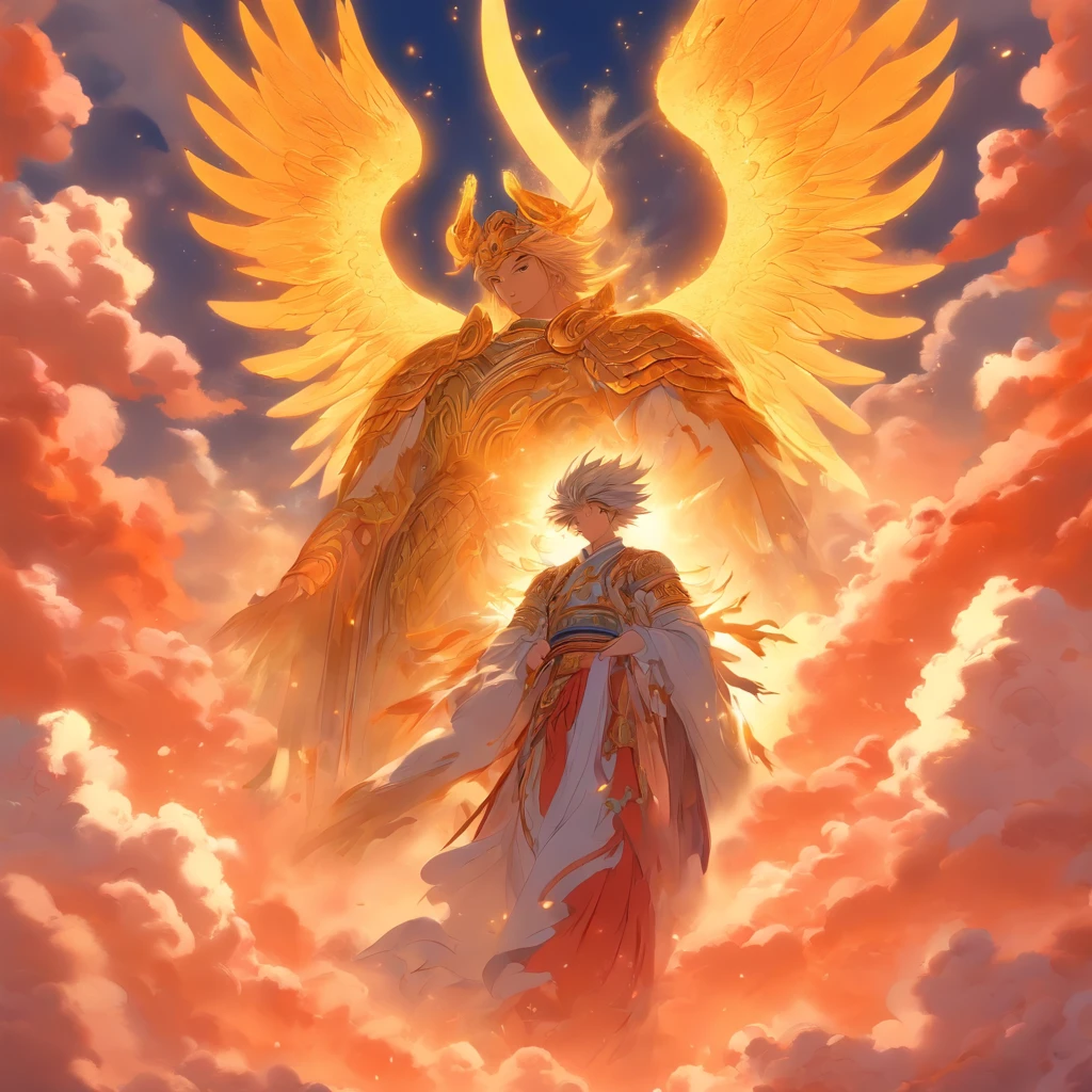 Angels without human feelings, the creator of the universe, mito, In the background of the image, Scene of the Tian Shan, orange clouds. The style of the image should be a caricature, With strong and eye-catching brushstrokes, As well as the mythology and angelic breath of the characters