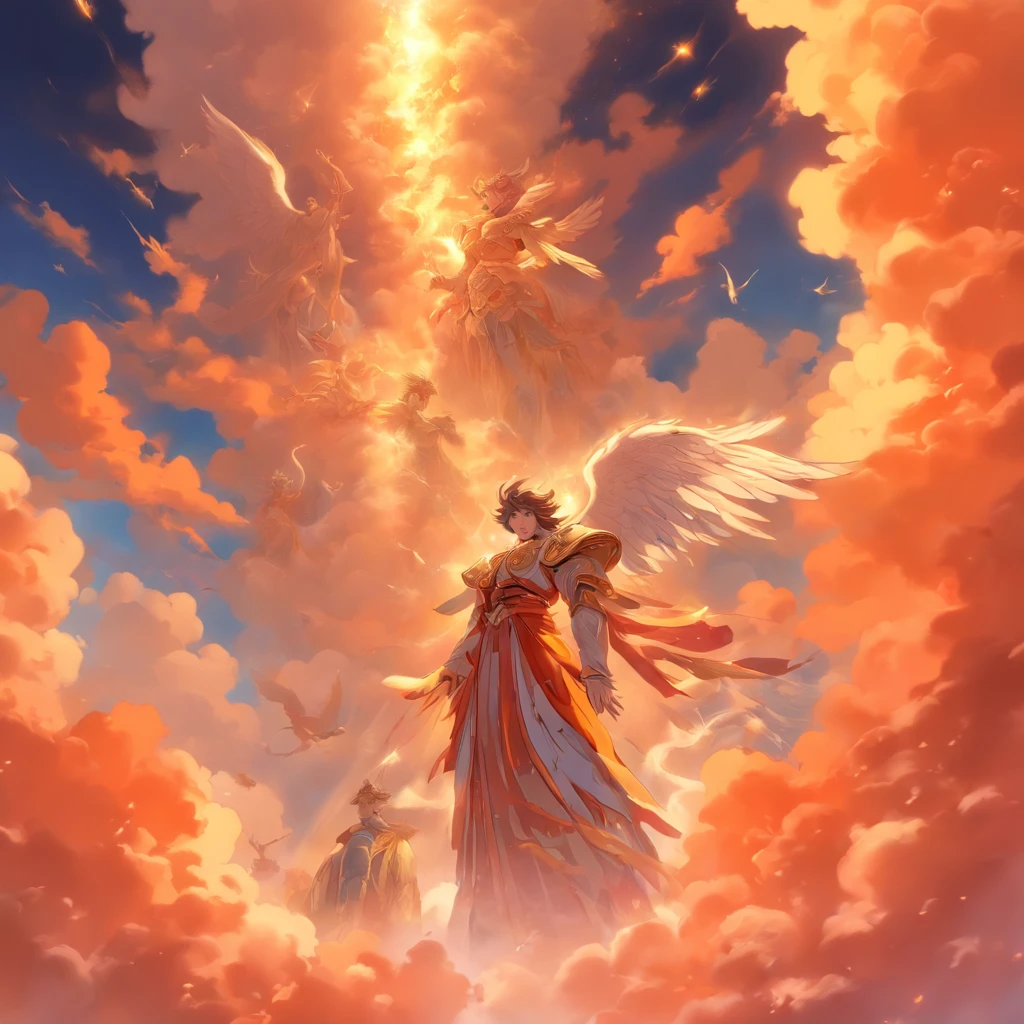 Angels without human feelings, the creator of the universe, mito, In the background of the image, Scene of the Tian Shan, orange clouds. The style of the image should be a caricature, With strong and eye-catching brushstrokes, As well as the mythology and angelic breath of the characters