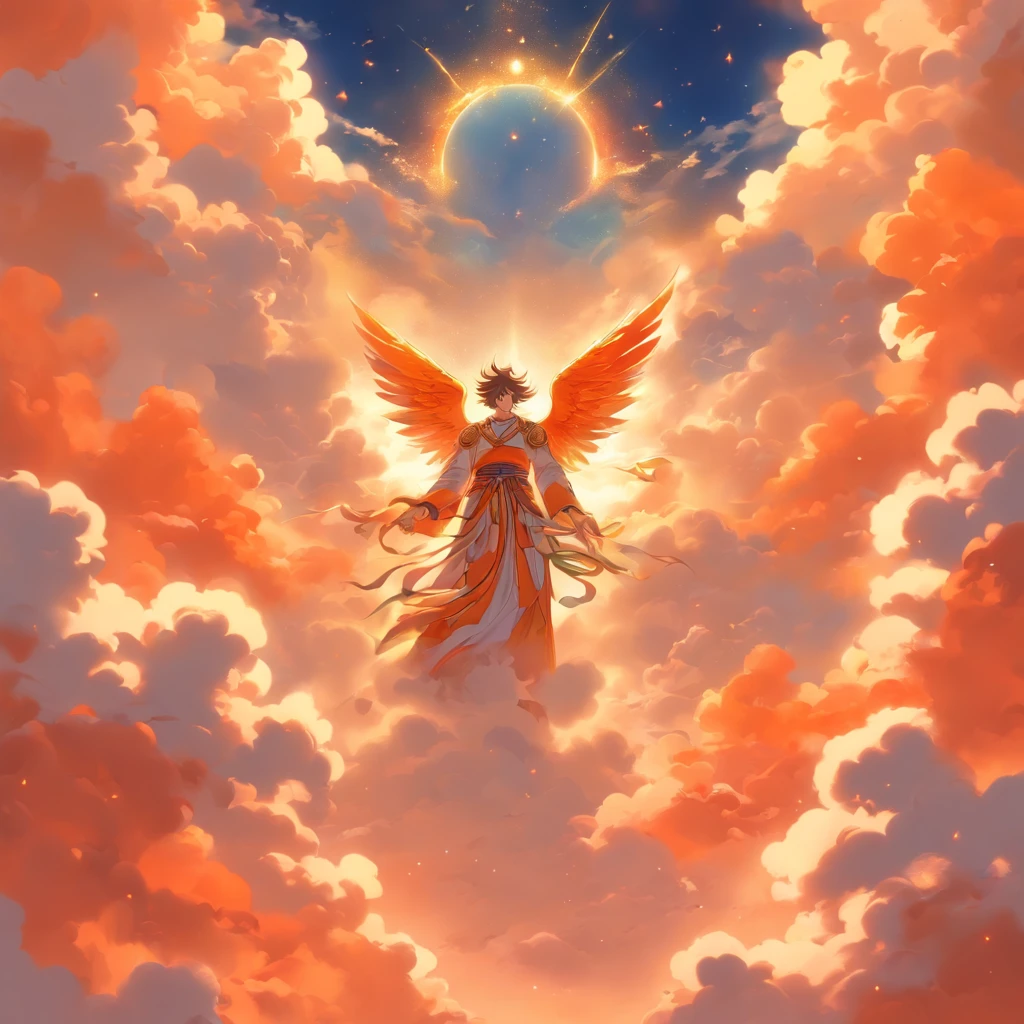 Angels without human feelings, the creator of the universe, mito, In the background of the image, Scene of the Tian Shan, orange clouds. The style of the image should be a caricature, With strong and eye-catching brushstrokes, As well as the mythology and angelic breath of the characters
