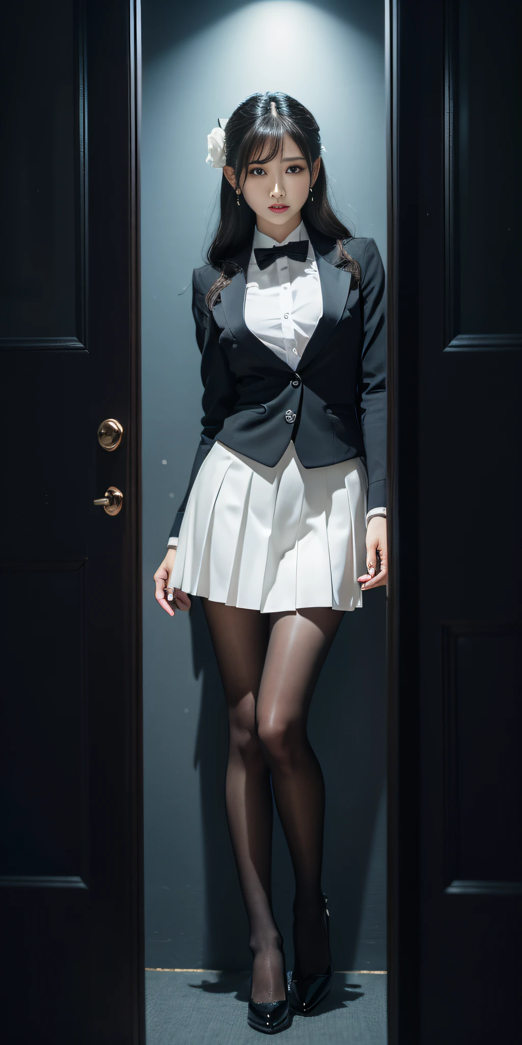 Charming beauties、Officelady、whiteshirt、Black pleated skirt、black pantyhose、Long curls、Black Rose、charming oval face、二重まぶた、Clear eyes、Beautiful thin legs、toned ankles、The ultra -The high-definition、The ultra-detailliert、Elegant standing figure、Create a slender lower body curve、Expressing adult femininity、top-quality、8K、ultra-detailliert、soio、9 head body、Night、Move ki、The Darkness、seductiv、brainwashed、Evil Fall、wicked、darkness