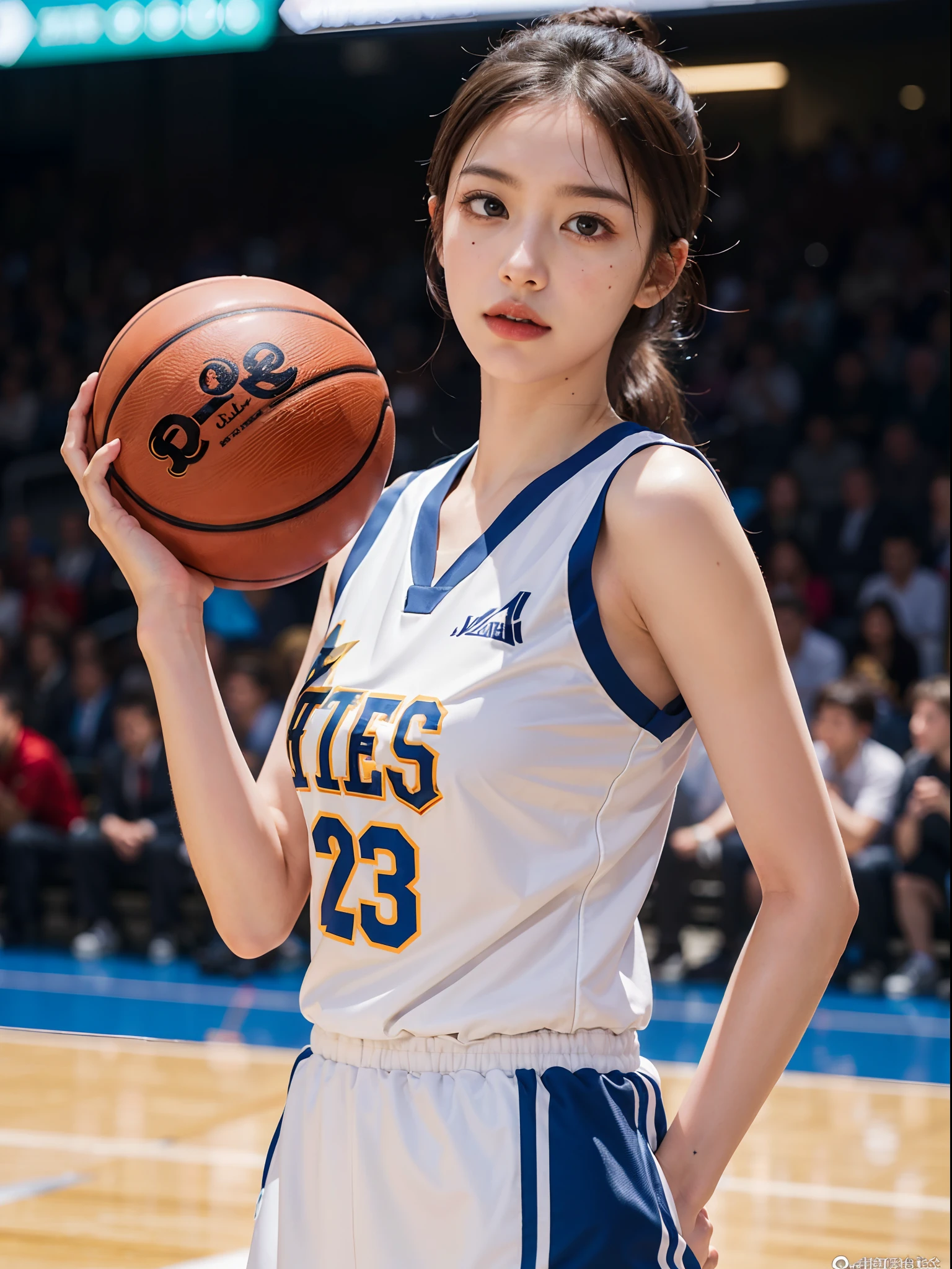 Sexy basketball player with hands up and showing armpits