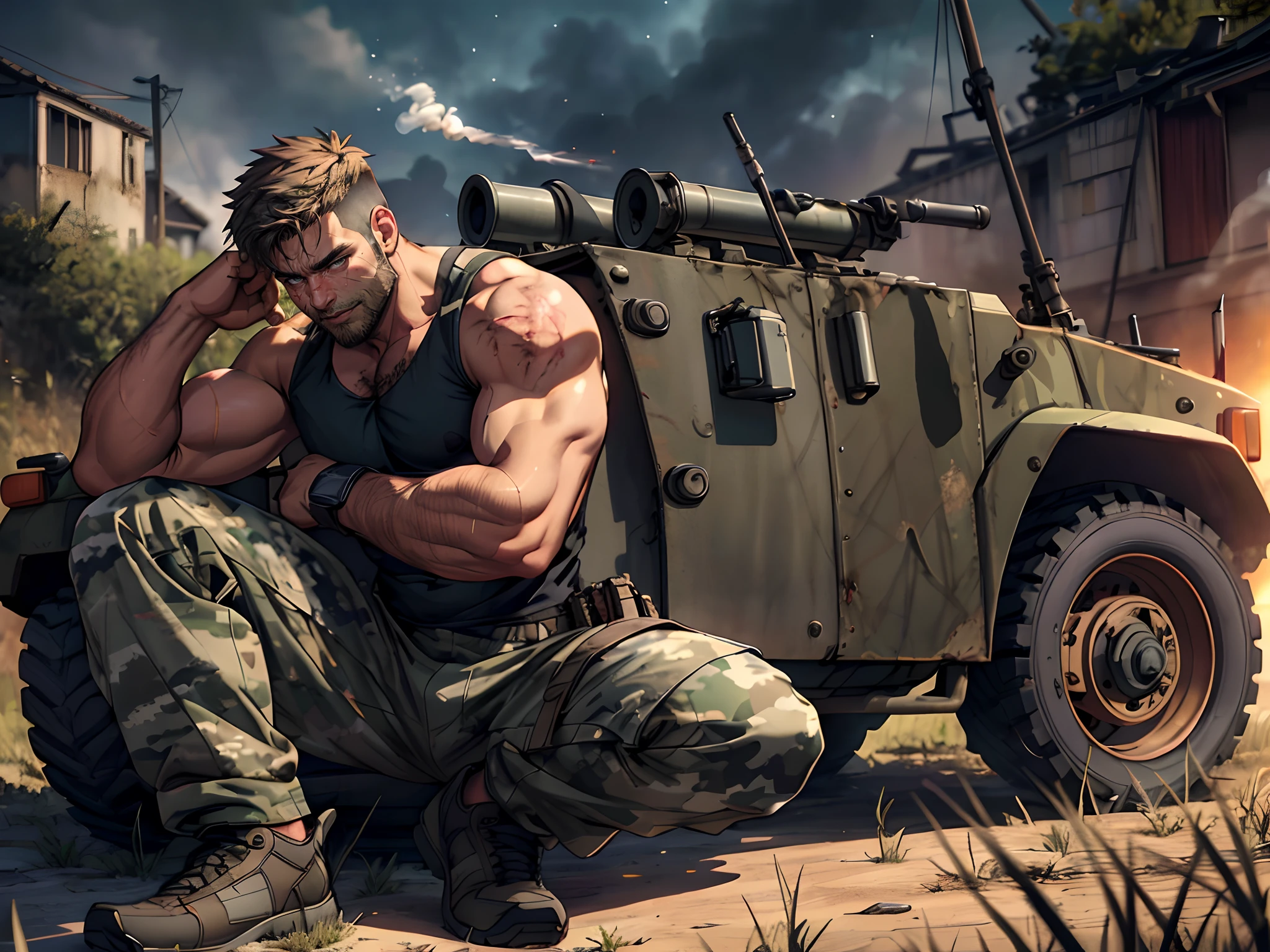 ((1boy)), male only, camouflage tank top, dropped down camouflage pants, mature, stubble, muscular, detailed face, best quality, depth of field, sitting down on ground, battle field, smoke, battle fire, side view, scar, blood, open legs position, look at the viewer, at night, natural lights, detailed, masterpiece, detailed background, composition, farshot, full body view, atmosphere,