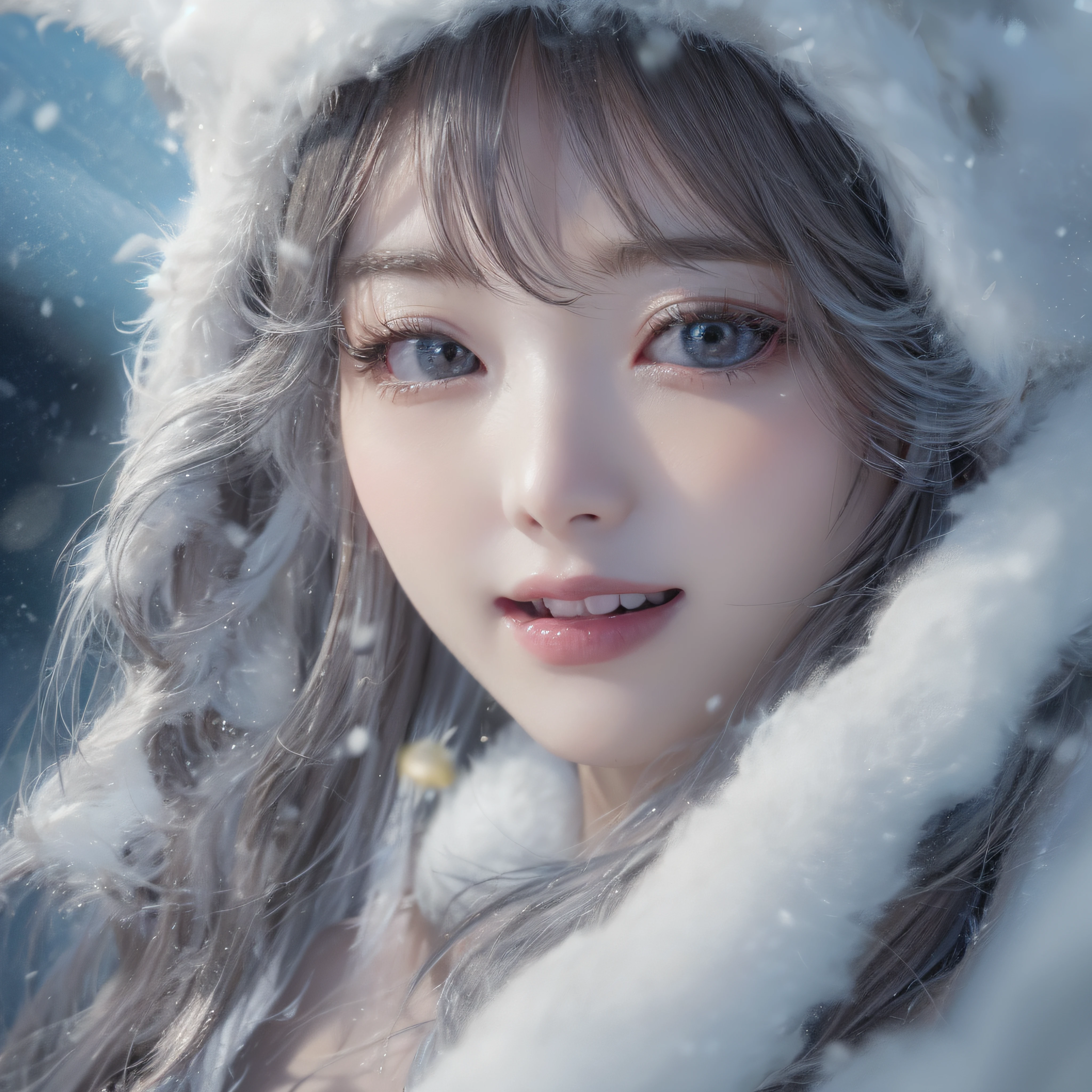 snow mountains、snow mountains、snow mountains、Close up of a smile with the corners of the mouth raised、Snow Fairy、Snow Girl、Snow Costume、Cosplay、(realisitic、hight resolution)、(1 girl in)、Snow Girl、Do-Up Eye、Korean Girl、(Best Quality), (masutepiece), (1girl in), Solo, a beauty girl, Perfect face, dreamlikeart、Highly detailed airbrush art((Surreal))、Volumetric lighting、(top-quality)、The ultra-detailliert、(The composition of the movement:1.4)、Highly detailed colorful details、(Bright lighting)、dynamic compositions、Ray traching、The mirror reflects light、Shallow depth of field、ultra-detailliert、mixing exposure、nffsw、Her eyes are shining、Her face is full of anticipation and courage、A smile appears on the lips of a girl。 At the rear、snow mountains、snow mountains、snow mountains、
