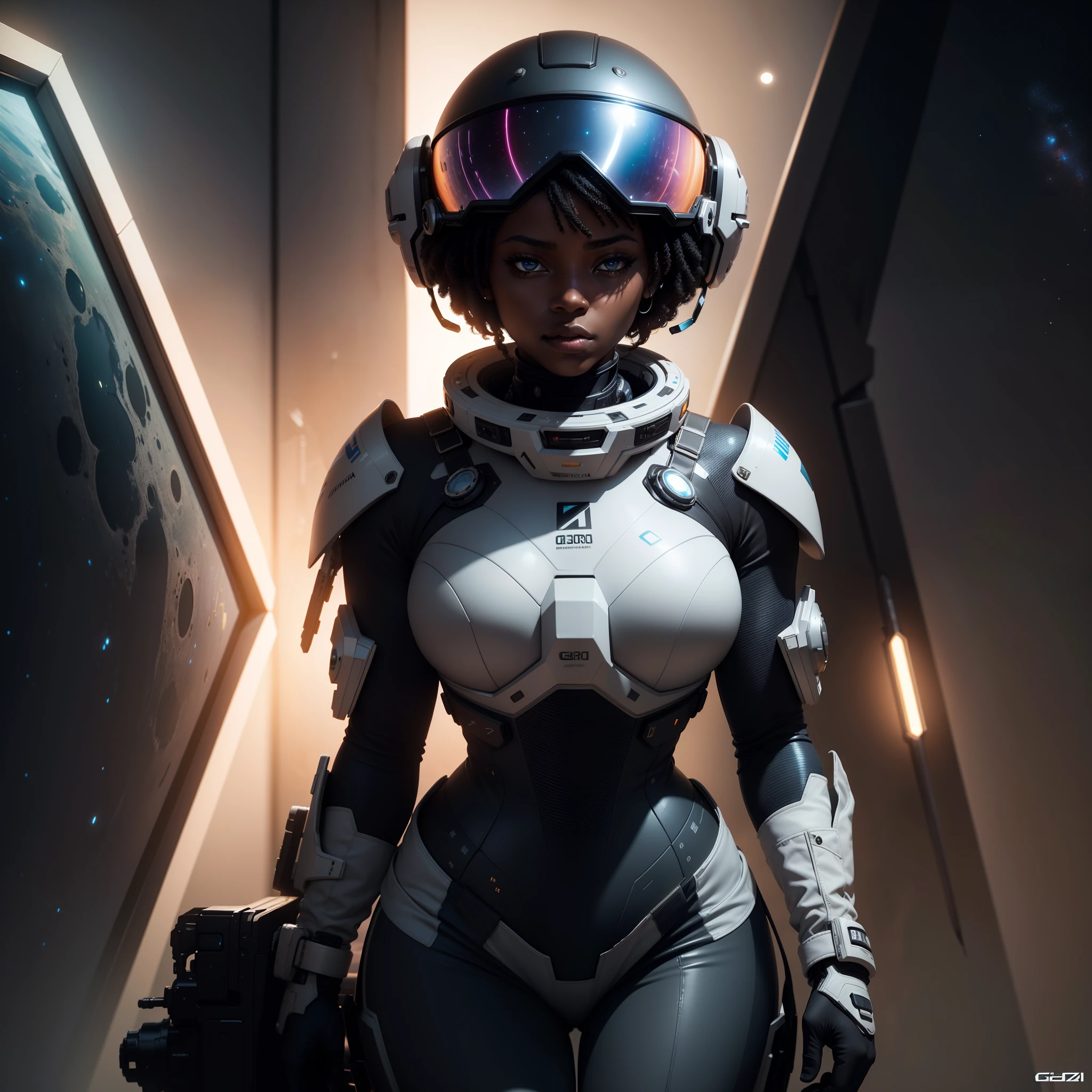 a black woman in an African designed space suit with a helmet and goggles, cgsociety 9, sci-fi, interstellar movie colour grading, with iridescent light, 32k, ultra HD, unreal engine rendered, cinematic lighting, artgerm style, bright and vibrant colours, photorealistic image,