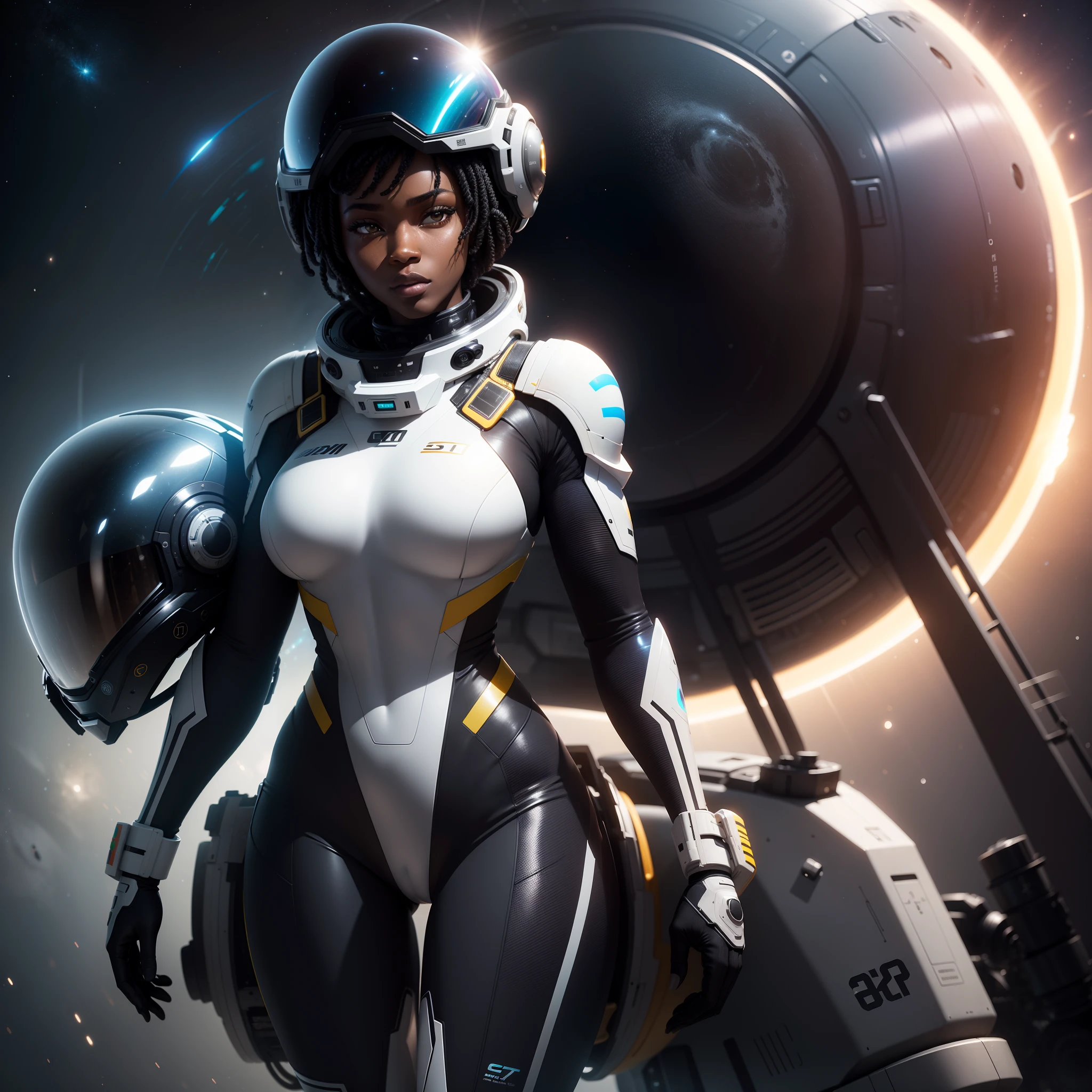a black woman in an African designed space suit with a helmet and goggles, cgsociety 9, sci-fi, interstellar movie colour grading, with iridescent light, 32k, ultra HD, unreal engine rendered, cinematic lighting, artgerm style, bright and vibrant colours, photorealistic image,