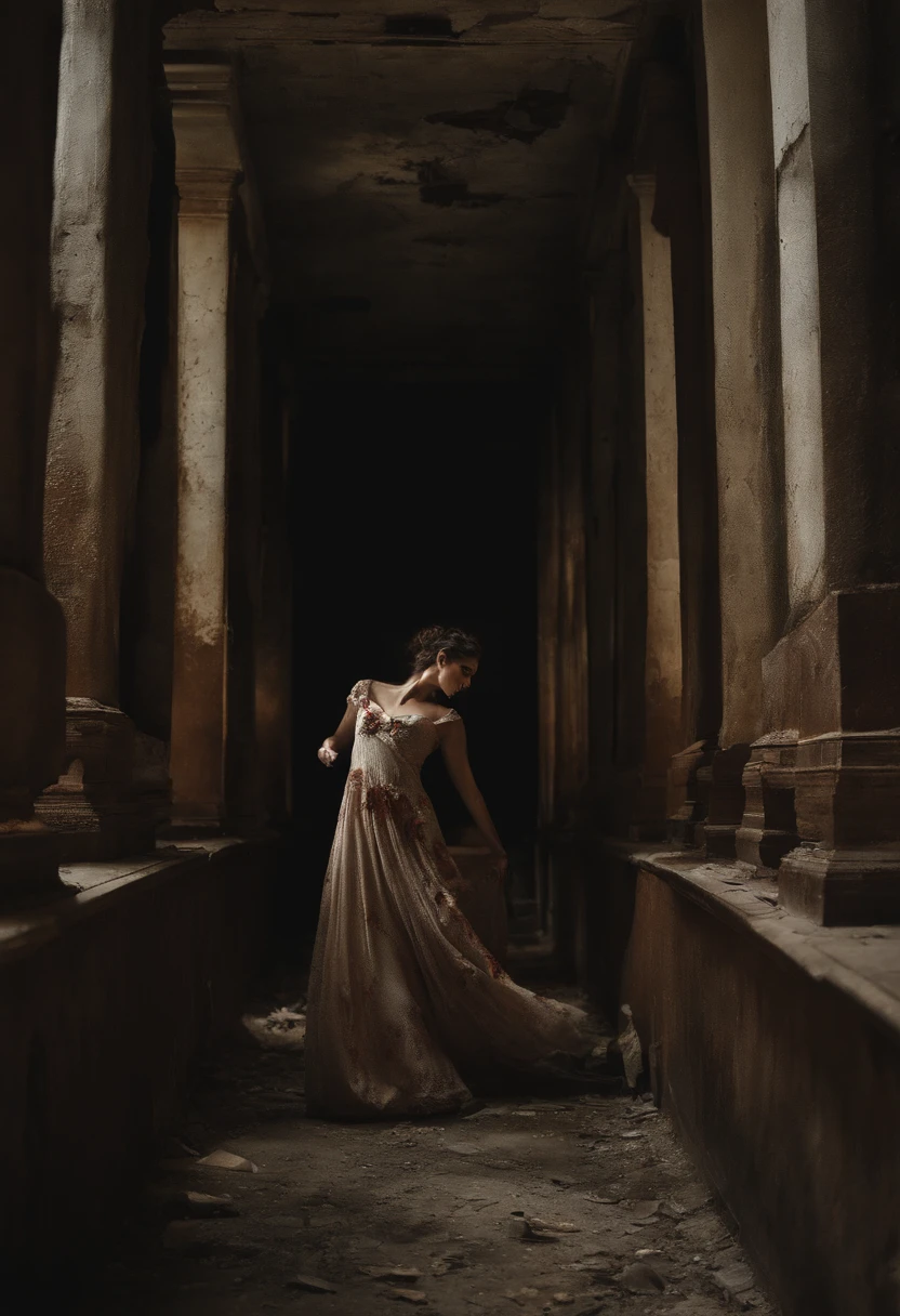 Zumbi sem as pernas, flutuando, roupas feitas de trapos, falling pieces "Arte de horror aterrorizante de um lobisomem encorpado com dentes afiados, Set in a dark environment abandoned building. Standing in a horrifying pose, nightmare fuel"