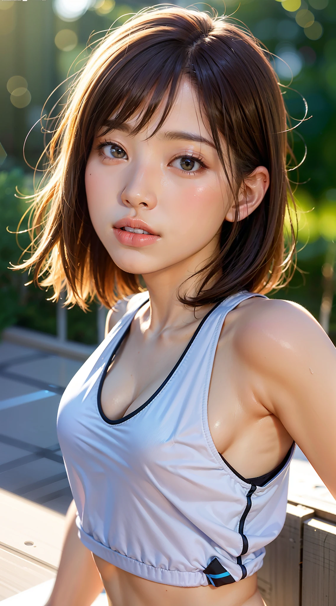 kasumi, eyes browns, (best qualityer, ultra detali), (realisitic:1.37), beautiful and detailed face, ultra-realisitic texture, 精致的面容, Delicate body, red lipgloss stick, shiny colors. High definition, 8K