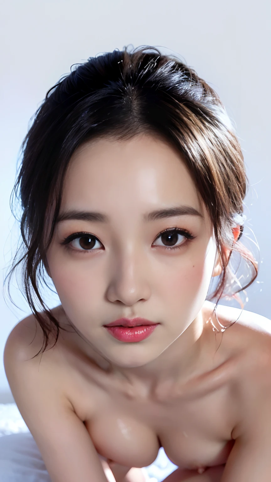 tmasterpiece、top-quality、超A high resolution、high detail portrait、(photographrealistic:1.4)、(((1girl in)))((1girl in、White skin of the、kneeling to、from the above、Look up at your audience、closeup of face、young 、spotless、Cute Baby Turtle、ty black hair、Bob_cut、short detailed hair、Big breasts))((fullnude)),(dripping wet body),(portrait of japanese famous actress)、(A smile、blissful、joy、jolly、Keep one's mouth shut)、(Hold your breasts between your arms，Pull the breasts closer)、Great detailed eyes、((really snow-white background、nothing background))、((Long neck、By bangs、By bangs、Clean face、gaze staring at the camera、eyeslashes、largeeyes、Distinct double eyelids、tear-mole、glowy skin、clean skin quality、Gloss on lips)),(((smallunderboob)))