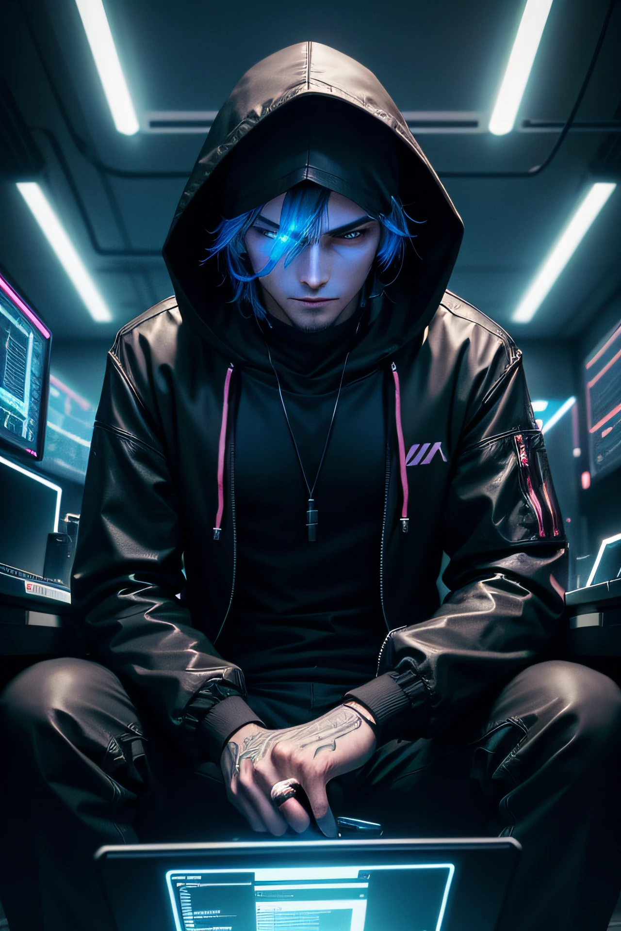 Generate an image of a male hacker in a dark hooded outfit, sitting in a dimly lit, cyberpunk-futuristic environment. He should be hunched over a sleek, high-tech laptop, surrounded by holographic screens displaying lines of code, data streams, and neon symbols. The scene should exude an aura of clandestine activity and cutting-edge technology, with a focus on the hacker's intense concentration and the futuristic elements of the setting