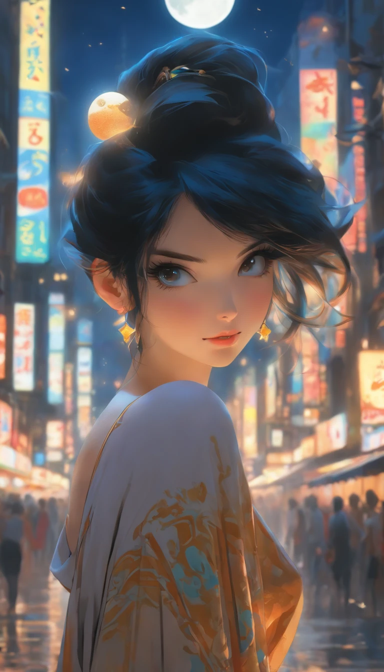 Masterpiece, Best quality, Miranda, (Semi-body shot,the street lights,Moon),Masterpiece, 1girll, Solo exhibition, Beautiful women on bustling streets, Surrounded by hawkers, Beautiful goddess girl portrait, Beautiful and detailed face, Porcelain skin, (((Bust Up Shot, Center, Night, Black hair, Short hair)), ultra soft lighting, symetry, Complexity, Elegance, High detail, Realism, art, concept-art,