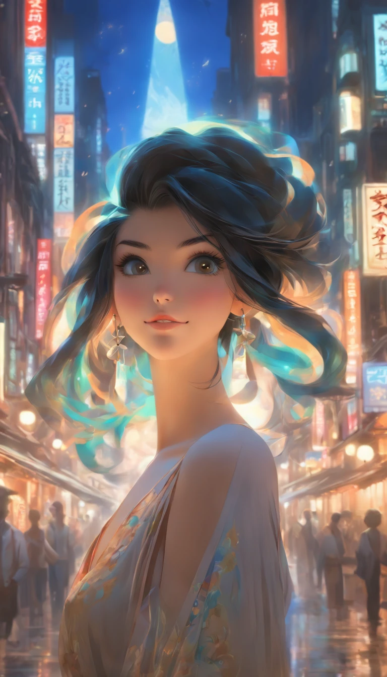 Masterpiece, Best quality, Miranda, (Semi-body shot,the street lights,Moon),Masterpiece, 1girll, Solo exhibition, Beautiful women on bustling streets, Surrounded by hawkers, Beautiful goddess girl portrait, Beautiful and detailed face, Porcelain skin, (((Bust Up Shot, Center, Night, Black hair, Short hair)), ultra soft lighting, symetry, Complexity, Elegance, High detail, Realism, art, concept-art,
