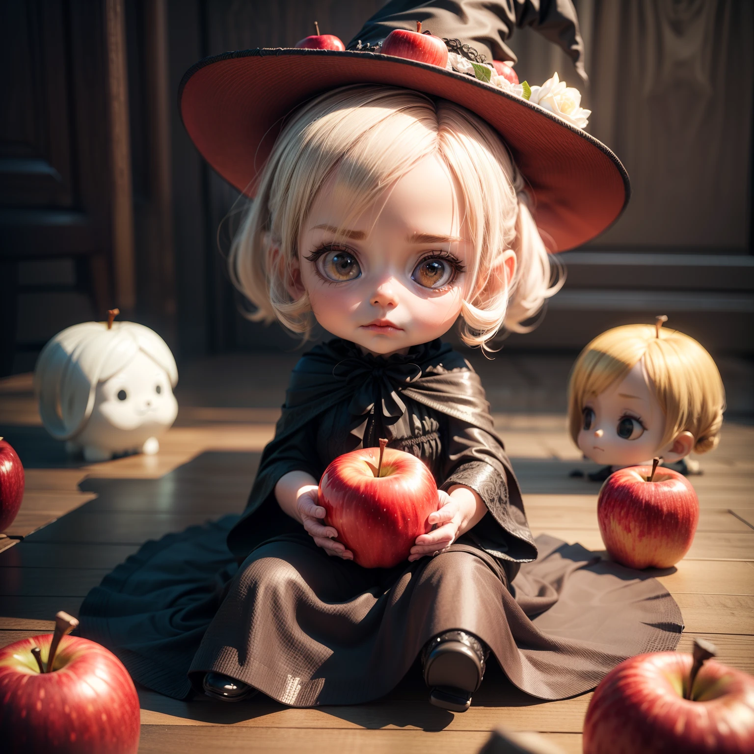 Cute Baby Chibi Anime、(((chibi 3d))) (Best Quality), (masutepiece)、Portrait of a very elderly woman (((Perfect red apple))) In one hand,, witch woman, granny, looking stern, Tomasz Jedlšek, portrait of a dark witch, Adam Marczyński, by Alexander Cobbsday, by Tadeusz Pruszkówski