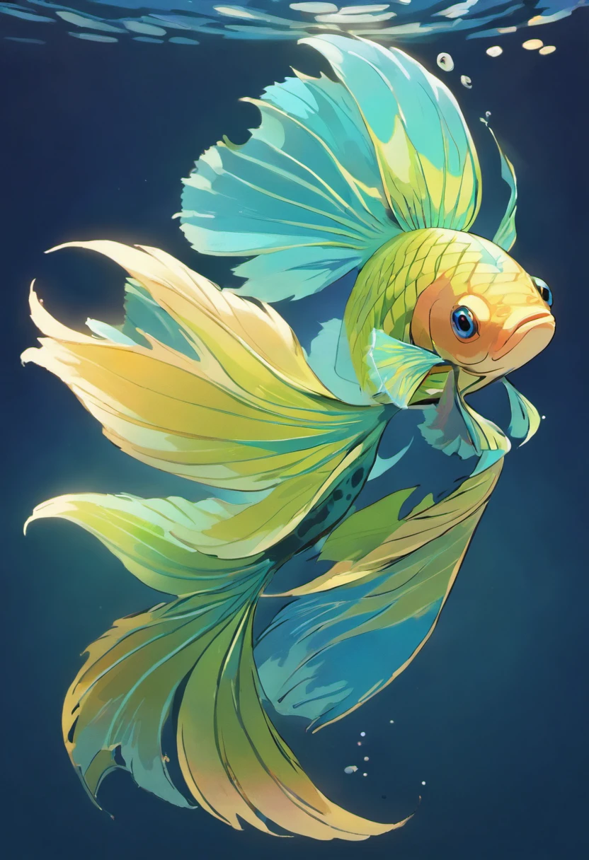 In this captivating illustration, a Betta (Betta splendens) fish graces the viewer with its vibrant and alluring presence. Known for their striking beauty and distinctive characteristics, Betta fish are a mesmerizing subject in the world of aquatic art.

The Betta fish's body is streamlined and elegant, adorned with a finnage that is nothing short of spectacular. Its body displays a rich palette of colors, ranging from deep royal blues and velvety purples to fiery reds and shimmering iridescence. The Betta's scales glint with a subtle luster, creating an enchanting play of light and color that dances across its form.

The Betta's fins are a masterpiece of nature's artistry. The dorsal fin, rising gracefully like a regal banner, showcases a striking blend of hues and intricate patterns. The  and pelvic fins, delicate and graceful, complement the overall composition with their exquisite symmetry. Most captivating of all is the Betta's iconic caudal fin, often referred to as its 'tail,' which unfurls in a magnificent display of ethereal beauty. This fin, with its elaborate patterns and radiant colors, serves as a stunning focal point of the illustration.

The Betta's head is equally remarkable, featuring a pair of expressive eyes that shimmer with intelligence and curiosity. The mouth, finely detailed, hints at the fish's carnivorous nature, adapted for capturing prey. Its labyrinth organ, a unique feature in Betta fish, allows them to breathe air from the surface, adding to their fascinating biology.

In this illustration, the Betta fish exudes an aura of confidence and grace, as if it were ready to engage in a mesmerizing aquatic ballet. The play of light and color against a watery backdrop enhances the Betta's enchanting presence, making it a symbol of beauty, elegance, and the wonders of the underwater world. It's a stunning tribute to a species that has captured the hearts, a green iridescent colour,