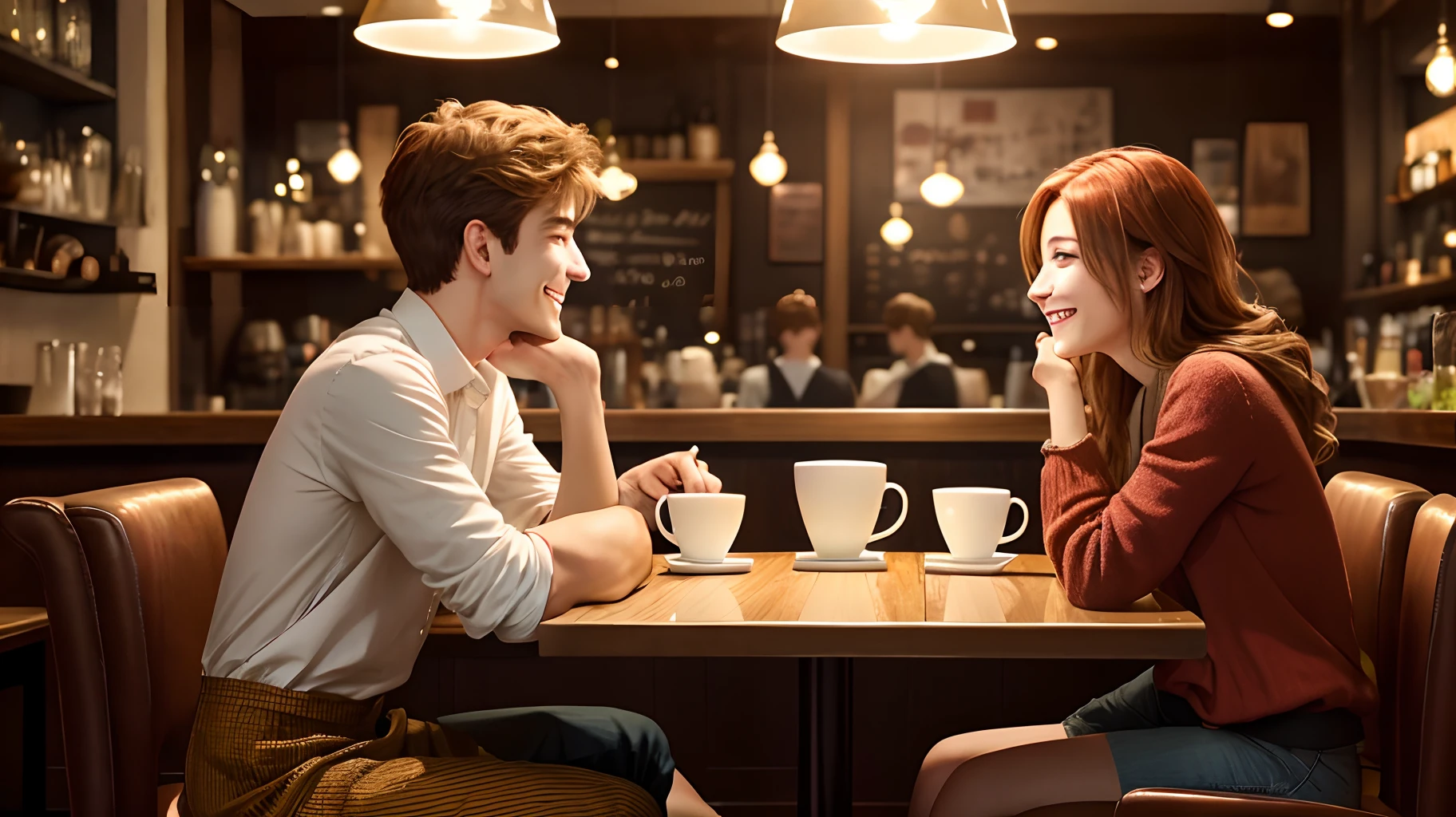 Cafe Scene
((Many male and female couples))、Warm atmosphere、4K、(Top image quality)、(masutepiece)、The images are ultra-realistic、Her expression is bright and happy.、