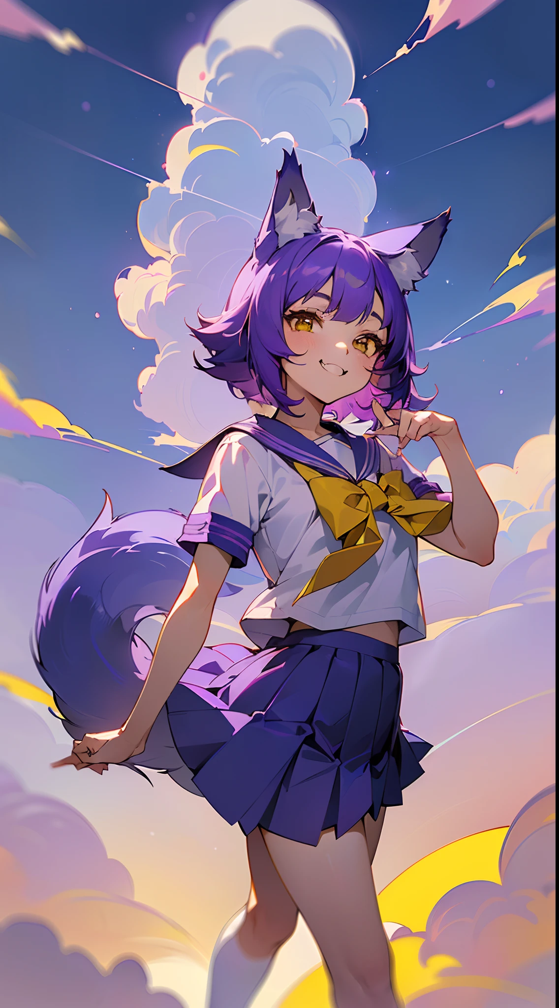 anime girl, teen, short purple hair, wolf ears, (wolf tail), wallpaper, bishoujo, smile, teeth fang, looking up, cinematic, clouds, yellow eyes, one purple tail, nekomimi, sailor school uniform white, short sleeve, half body, short blue skirt, yellow eyes, shiny detailed eyes, wlop, sexy, bishoujo