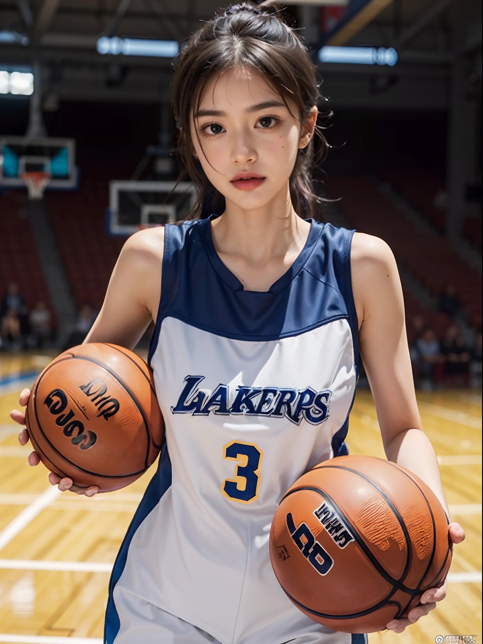 （ best qualtiy， tmasterpiece：1.2），A high resolution，8K,1girll，Delicate face，real looking skin，Dynamic light and shadow,Sharp focus,depth of fields,The eyes are delicate,pupil realistic, Playful expression， wear basketball uniform，（perfect bodies），（Big breasted 1.1），basketball playground，realisticlying, ultra - detailed, (shiny skins, perspired:1.4), looking at viewert,