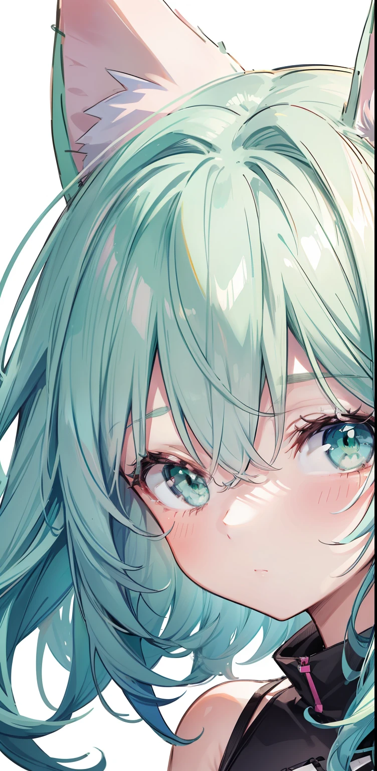 (sketch drawing), (close up), (small body), (pink cheeks), (green cat ears), (cute cat ears), (blue hair), (green eyes), (big hair) , (fringe), (details on the strands), (white background),