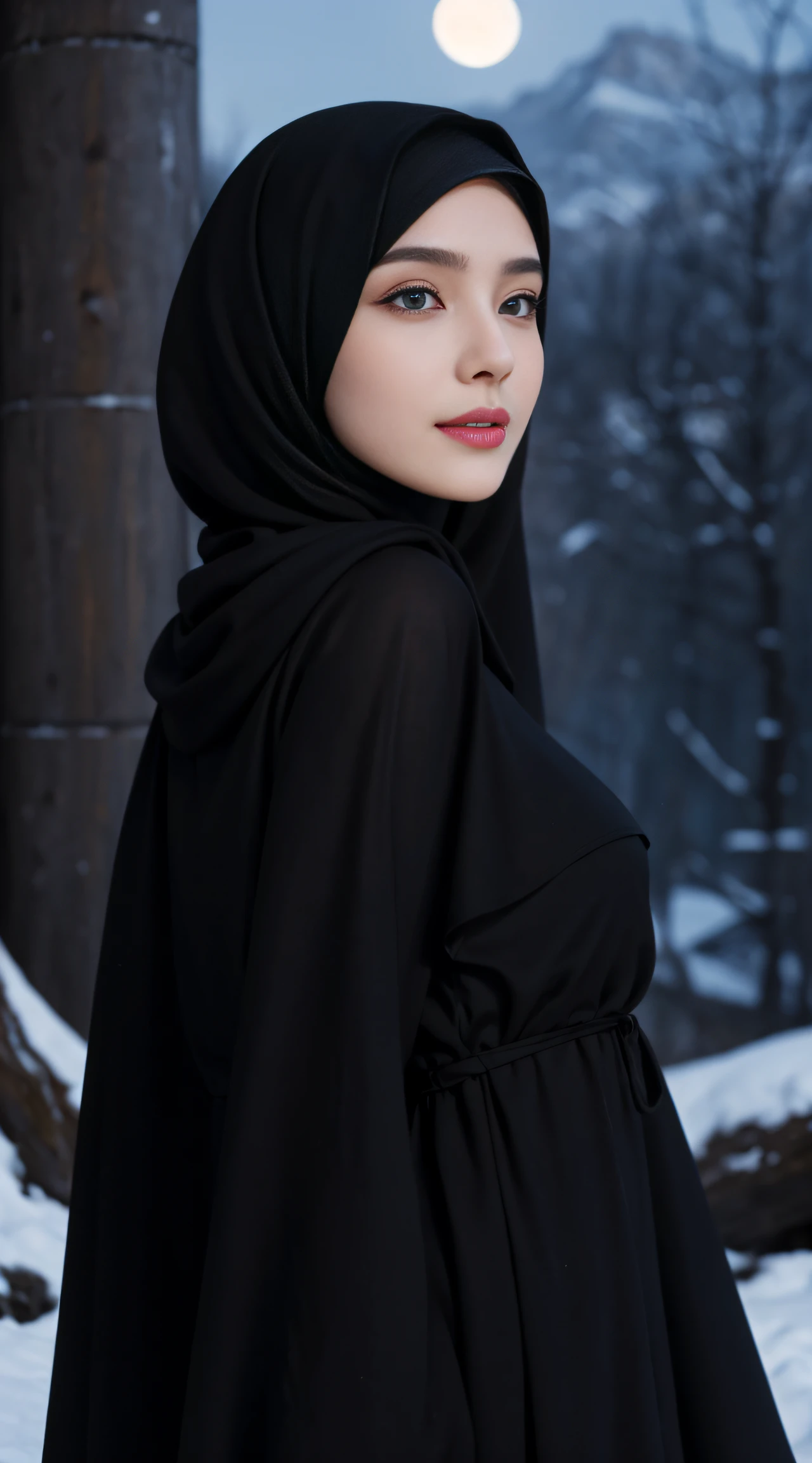 8K, Top Quality, Intricate Details, Ultra Detail, Ultra High Resolution, Masterpiece, random angle, Slender, Smile, (Makeup: 0.4), (Fluffy Blue Eyes: 1.21), blue Eyes, looking back, ((full body)), 1girl, solo, 1 girl, (( full body)), close up shot, , ((tall)), (((fit body))), (((slim face))), sharp face, sharp eyes, (((black hair, long hair, )) (detailed face), sharp face, small lips,
((hijab, Abaya)), detailed face, detailed breast, , large breast, detail ass, round ass , Beautiful girl with accentuated slender abs: 1.4, Six Pack Abs: 1.4, Bust Botox, Big, Perfect Body, detail leg, (( moonlight)), top of mountain