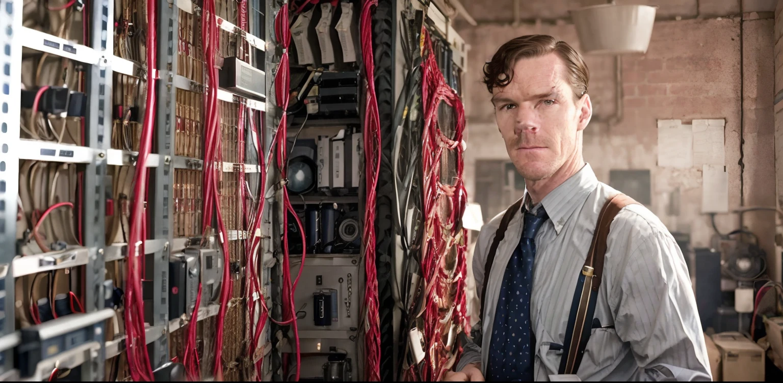 Homme en cravate debout devant un tas de fils, Benoît Cumberbatch, Alan Turing, Portrait de Benedict Cumberbatch, from 'Doctor Strange', Image du film de 'Doctor Strange', Portrait d’Alan Turing, Ordinateur ENIAC, Peaky Blinders (2018), Cables everywhere, biopic, Lots of cables and wiring