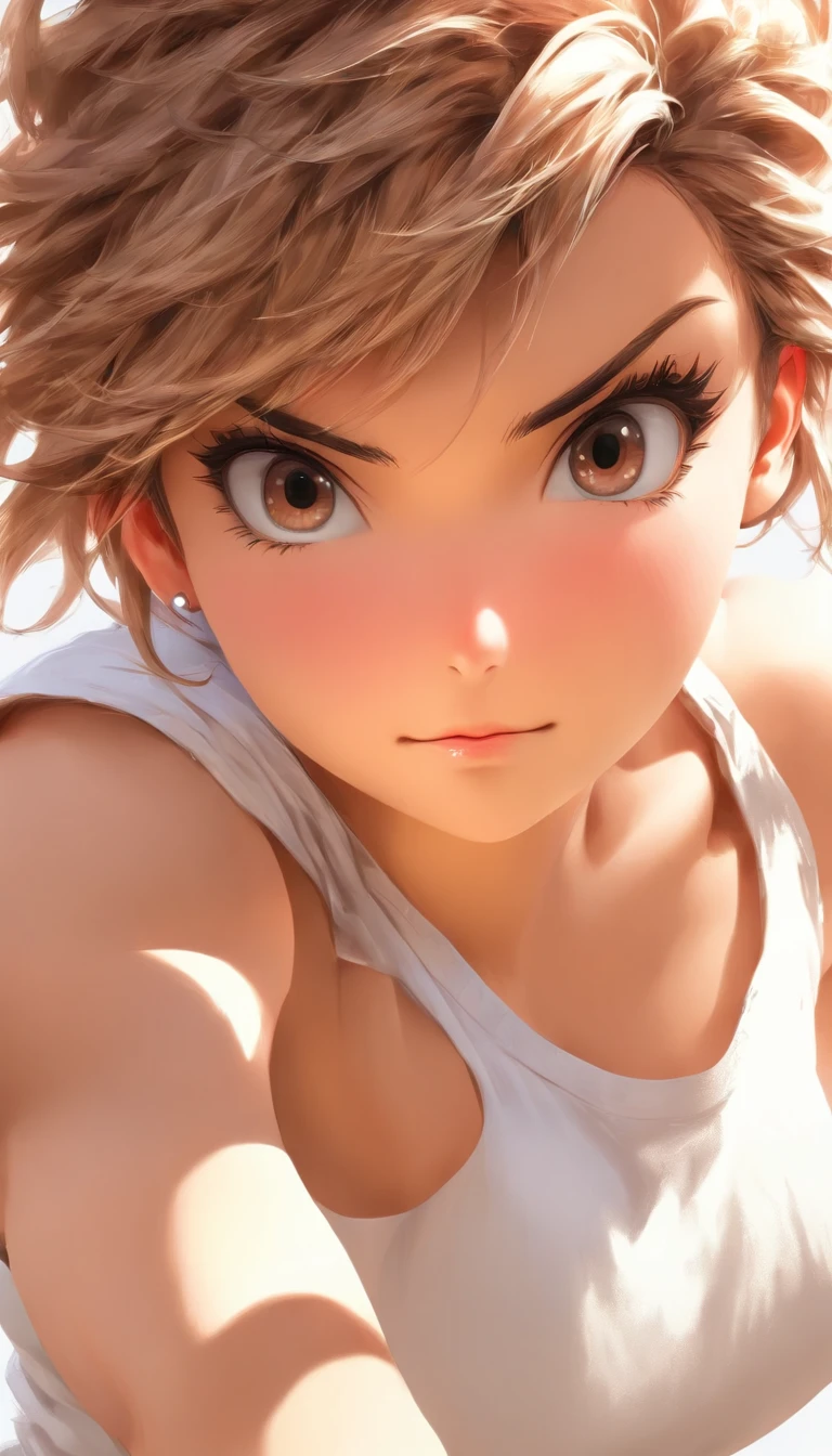 Top quality, Photorealistic, 8K, High definition, 1 girl, woman, (skin indentation), (Portrait: 0.6), Gorgeous, (White background: 1.82)), ((Large round chest, white sleeveless tshirt: 1.75)), Look directly at the viewer: 1.8, (1 Girl's Eyes, Medium length hair, Brown hair, Parted bangs : 1.65), Photorealistic, (Bokeh), (Mouth closed: 1.46), Gorgeous, PureErosFace_V1,