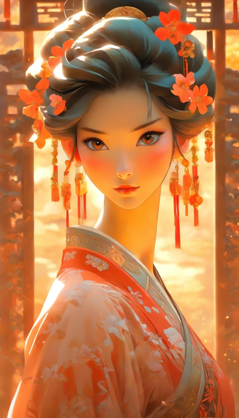 ((full bodyesbian)), Samdoesarts Style Award winning full-length portrait of a beautiful woman, (((perfect feminine face)),((Ancient Chinese clothes)), ((Gravel Hanfu)), gazebo, complex, ( Beautiful detail eyes),((Hairpins, twisted hair, Double ball head)), (Sunlight), Graphic illustration of shadows, Digital art, Trends on ArtStation, Very detailed, Fine details, Intricate, Artgerm and Rutkowski and Alphonse Mucha art,
